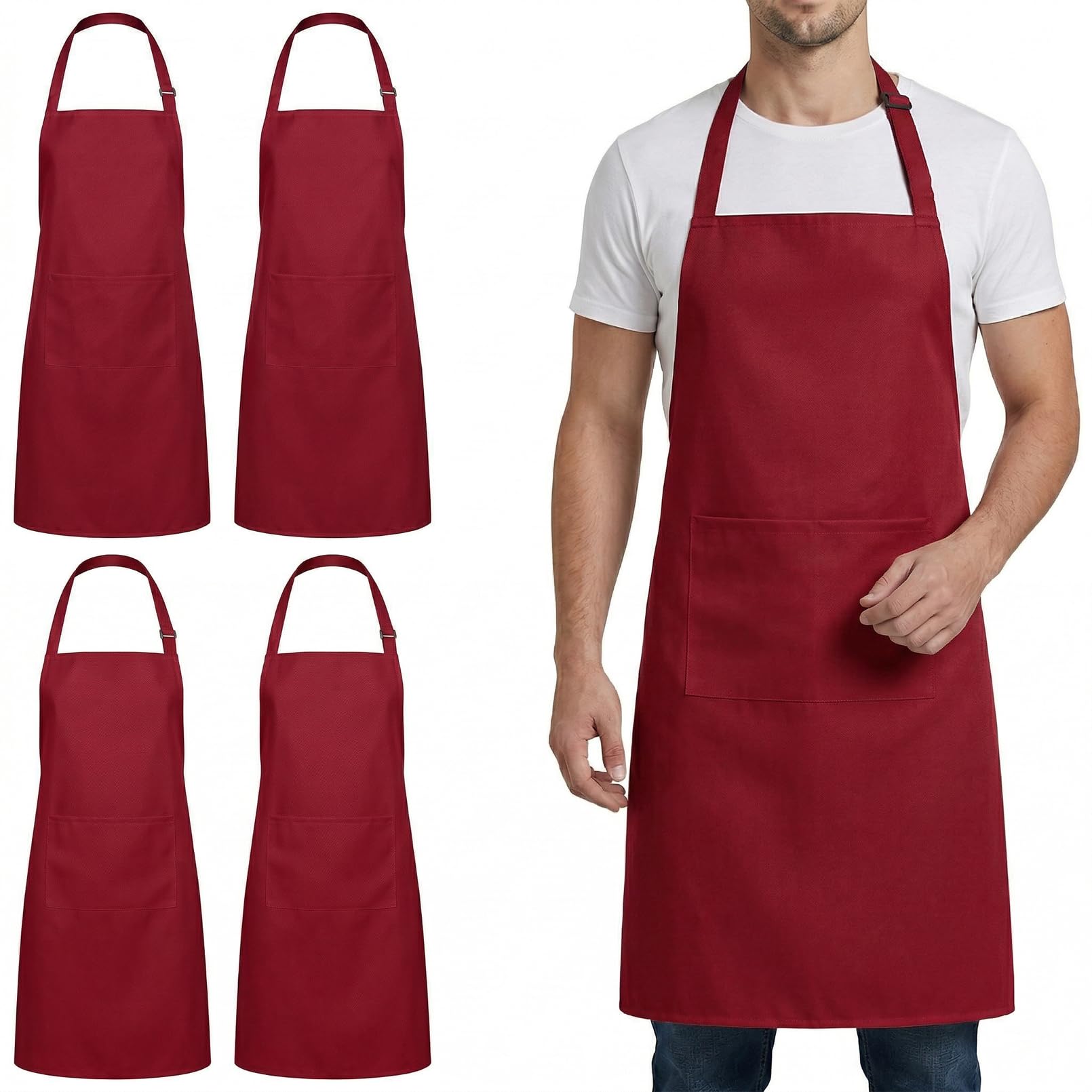 Preocea Women's Red 4 Pack Chef Aprons, Adjustable Apron With 2 Pockets, Waterproof Polyester Kitchen Aprons For Men, Cooking Apron With Long Ties For Restaurant Bbq Baking,