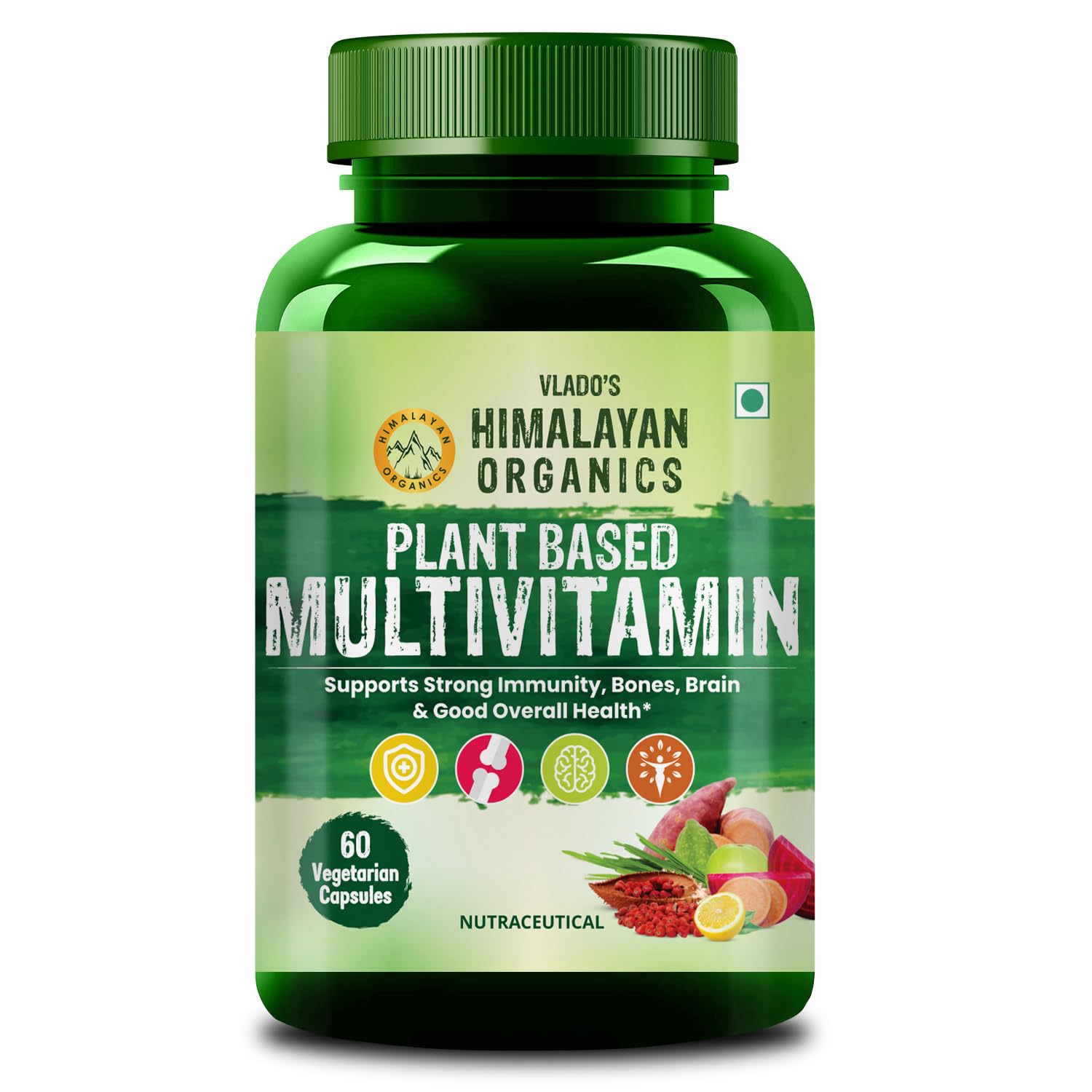 Vlado's Himalayan Organics Plant Based Multivitamin 60+ Ingredients With Vitamin B1, B2, B3, B5, B6, B7, B9, B12, A, C, D3, E, K2, Calcium, Iron , Zinc I Wholefood | Stamina & Energy I Healthy Bones & Joints I Multivitamin for Men & Women - 60 Veg Capsules