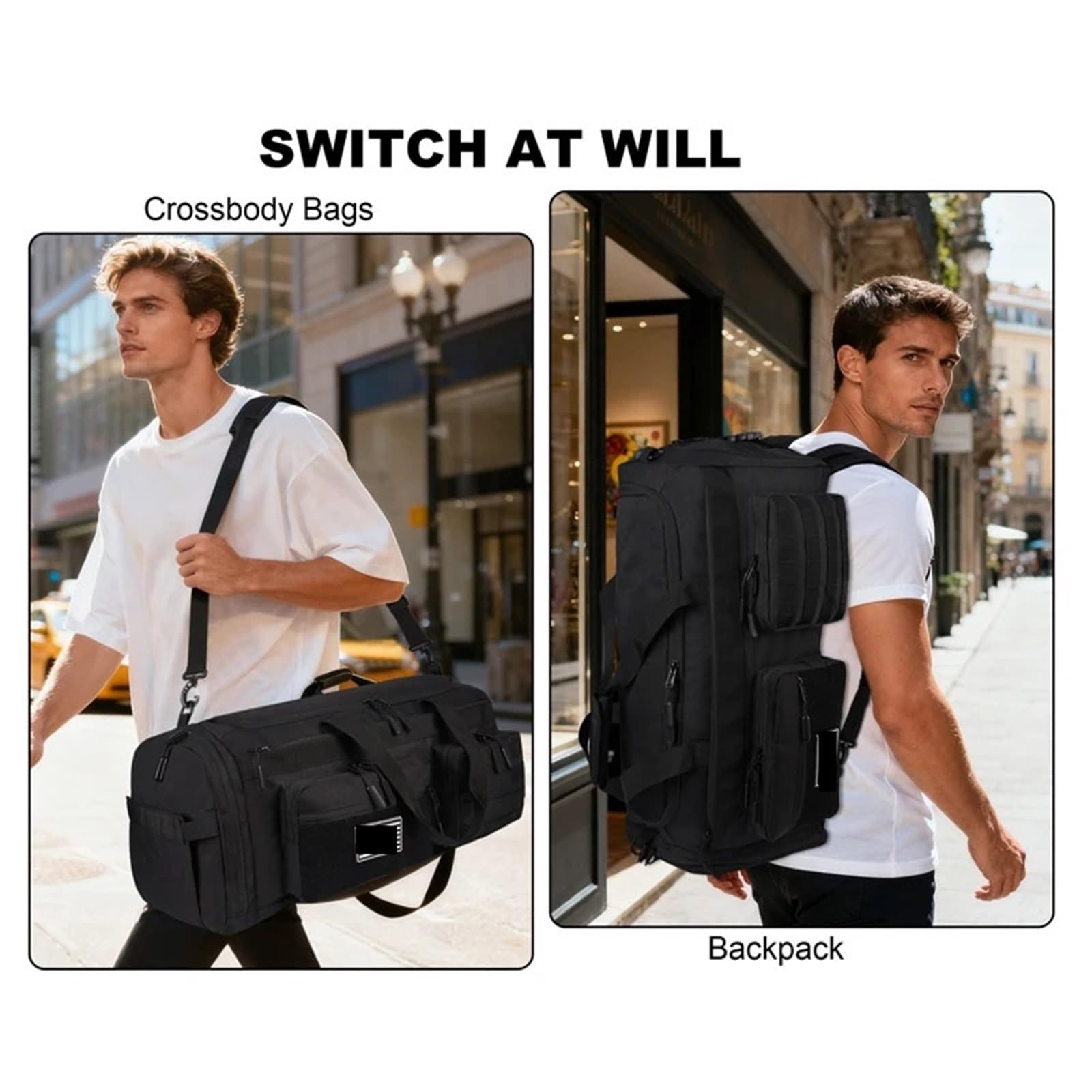 Bolsa Deporte Bolsa de Lona Viaje 3 en 1 50L for Hombre, Bolsas Deportivas Grandes for Gimnasio, Mochila con Compartimento for Zapatos y Bolsillo húmedo(Black and White)