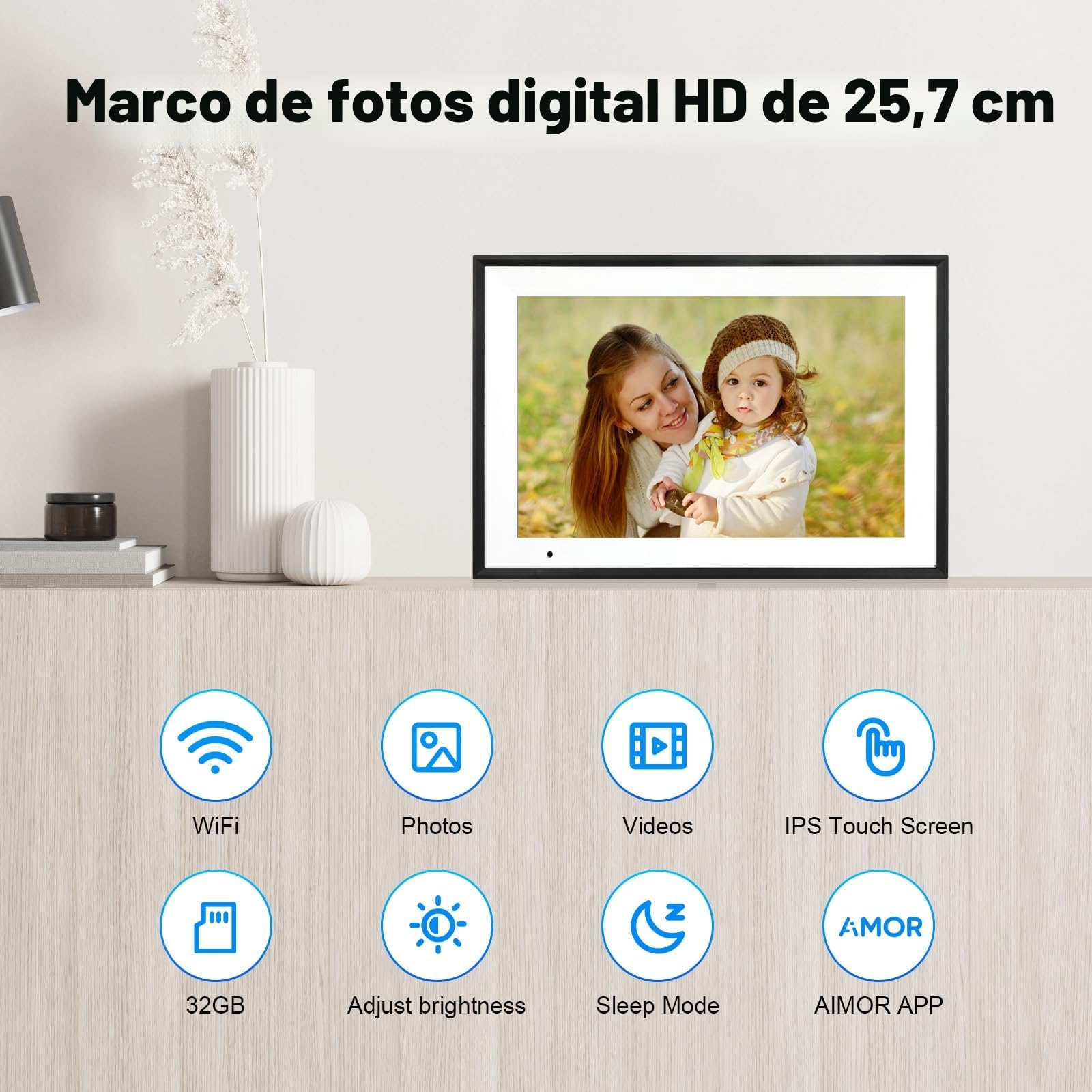 Marco Fotográfico Digital WiFi Anna Bella 10,1 Pulgadas, Marco Electrónico 1280x800 HD, 32GB, Rotación Automática, Pantalla Táctil Inteligente, Configuración Remota Fácil a través de la App AiMOR