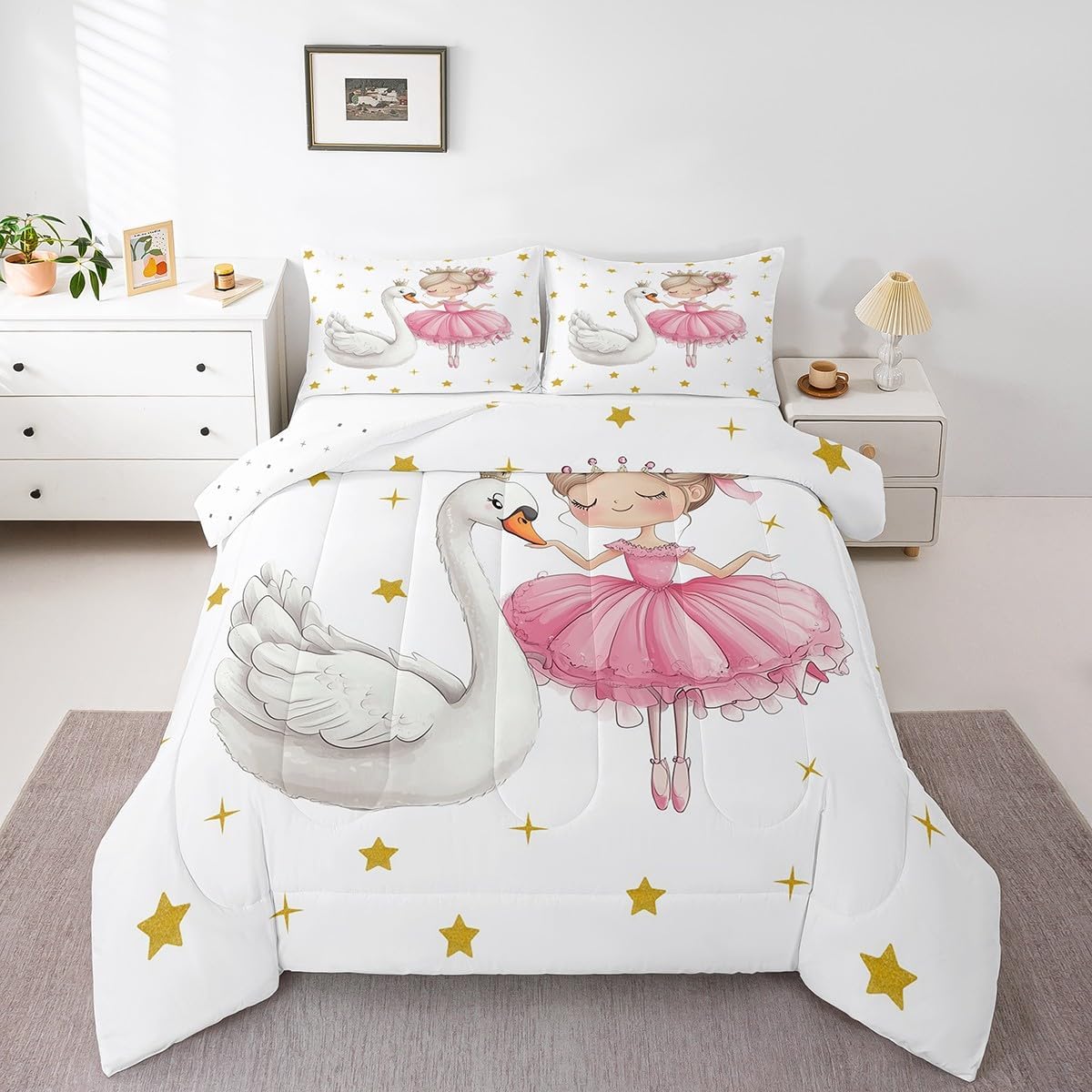 jejeloiu Ballet Comforter Set Queen Size Dancer Bedding Set for Boys Girls Teens Cute Animal Comforter Women Men Pink Princess Decor Duvet Set with 2 Pillow Case