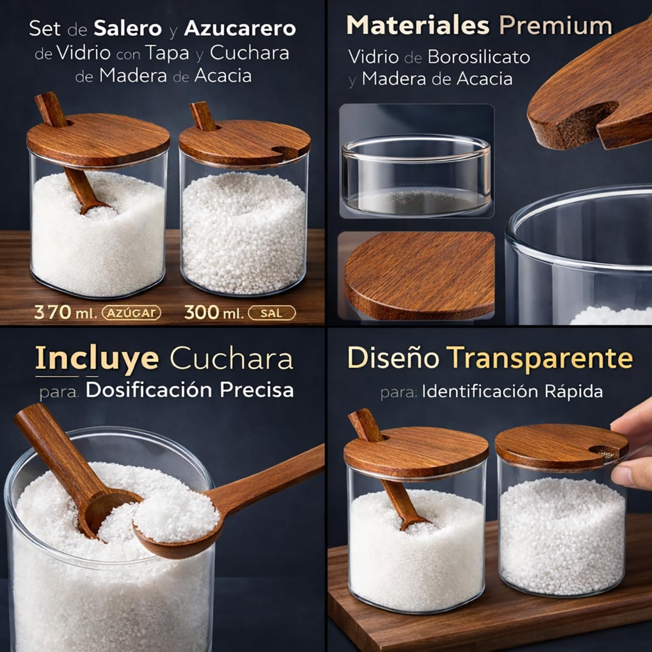 TIENDA EURASIA – Set Salero y Azucarero de Vidrio con Tapa y Cuchara de Madera | Recipientes para Especias y Azúcar | Diseño Transparente | Cocina y Mesa