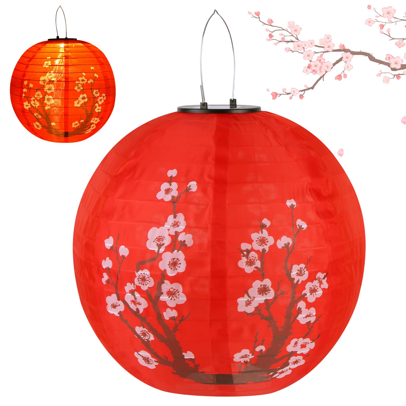 SPEPROECO LED Solar Lantern 30cm Solar Garden Light Plum Blossom Lights Nylon Cloth Waterproof Chinese Traditional Hanging Lanterns Japanese Lantern for Garden Porch