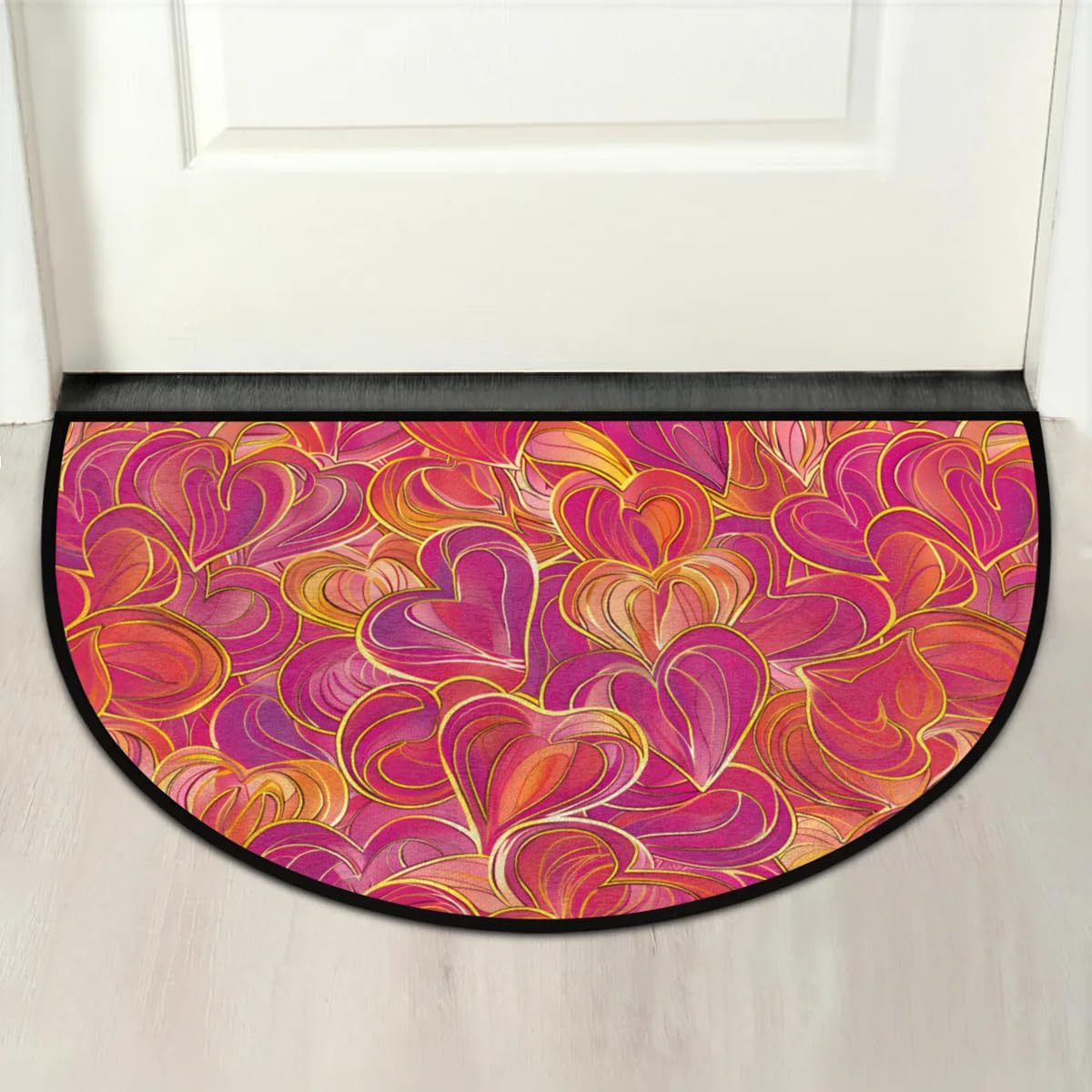 Half Round Door Mat Valentine's Day Heart Abstract Non-Slip Semi Circle Area Rug Washable Semi Circle Floor Rug for Indoor Outdoor Living Room Bathroom Kitchen Patio Hearth Rugs Home Decoration