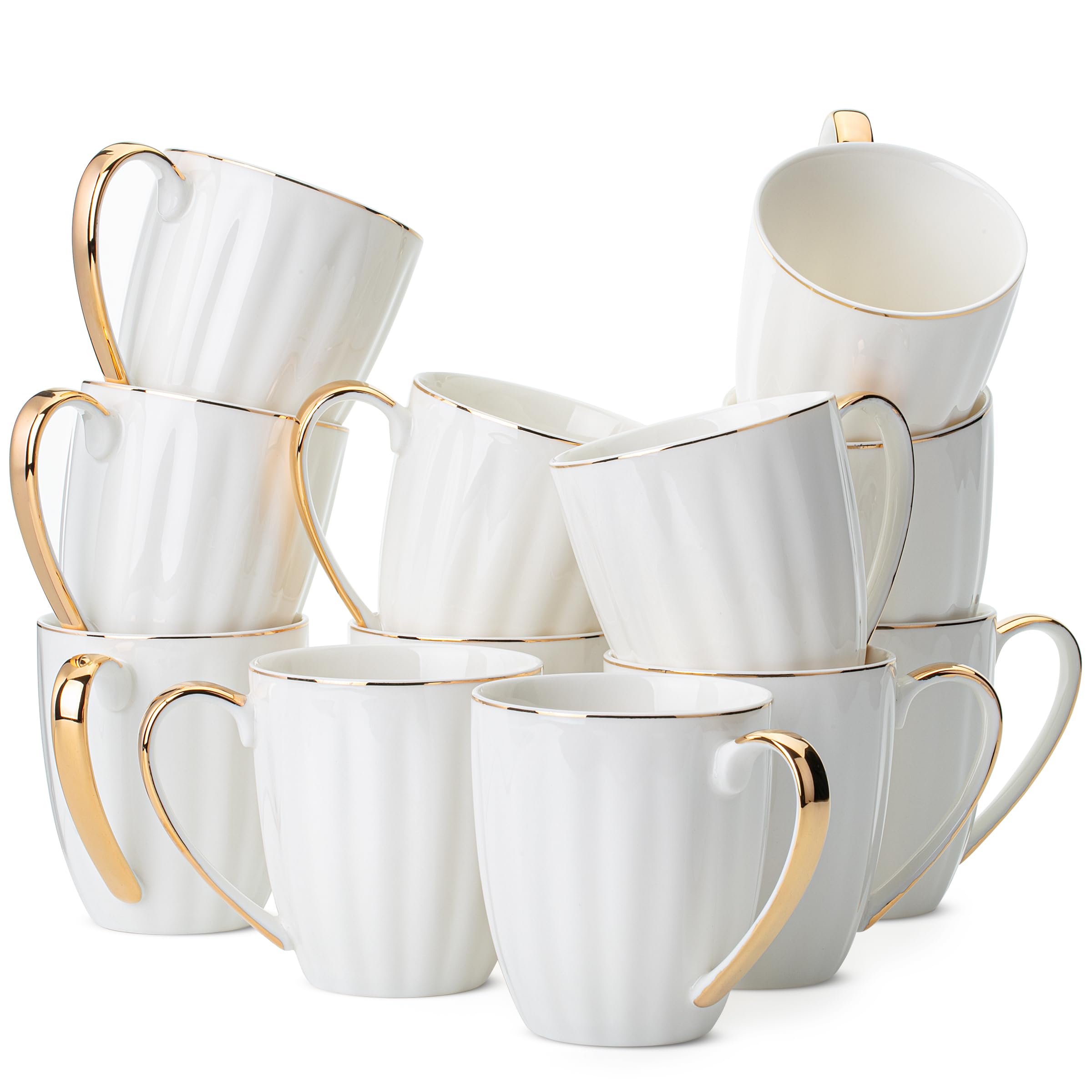 Brew To A Tea BTaT- White Coffee Mugs with Gold Rim, Set of 12, 12oz, Porcelain Coffee Mugs for Coffee Mug Set, Large Coffee Mugs 12 OZ, Coffee Cups Set, Ceramic Coffee Mug sets, Coffee Cup Set