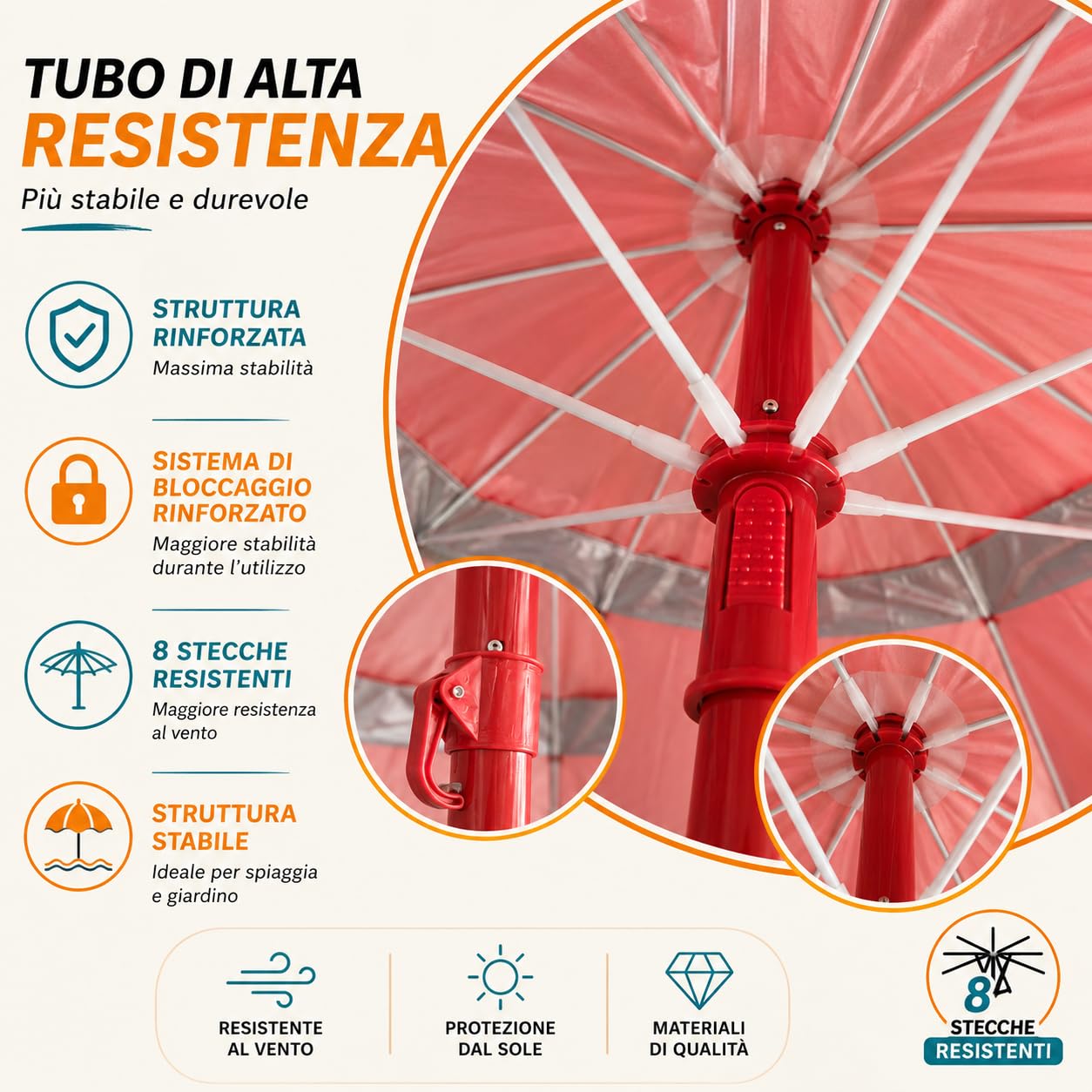 WENZO Ombrellone da Spiaggia 200 cm Antivento con Borsa, Palo Acciaio 28/32 mm, 8 Stecche in Fibra di Carbonio, Protezione UV Interna Argentata, per Spiaggia Giardino Campeggio