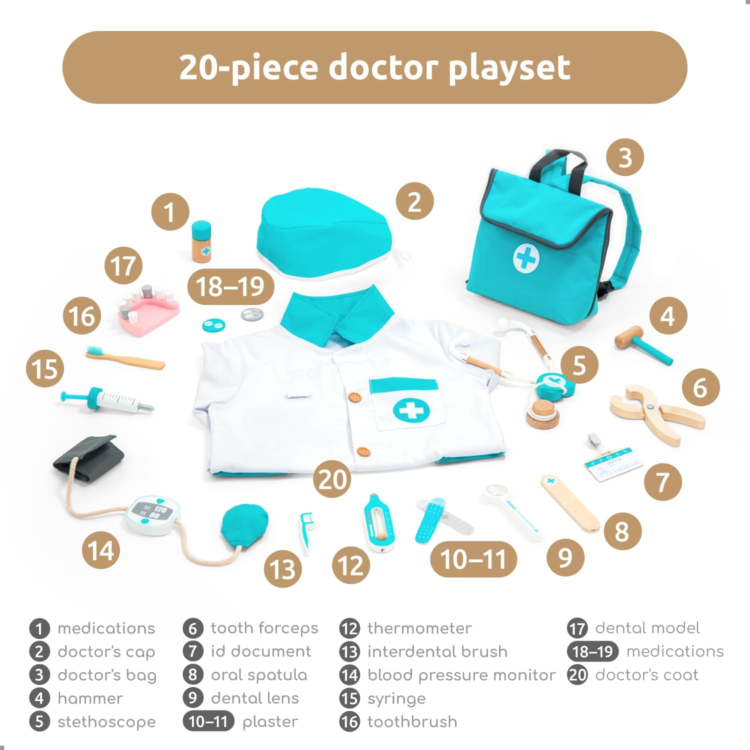 UMU® Wooden Doctor Kit for Kids – Doctor & Dentist Play Set for Toddlers with Dr Coat, Stethoscope, Tooth Model & More – Dress Up & Pretend Play – Medical Toy for Boys and Girls Ages 3 4 5 6