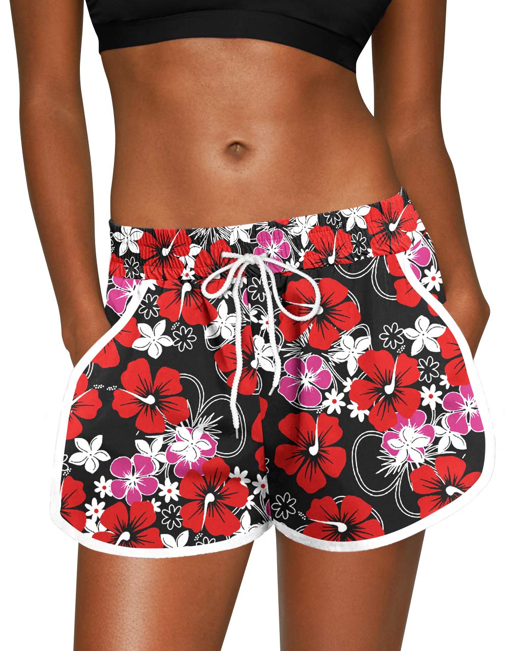 for g and pl Womens Summer Elastic Waistband Beach Short Sports Causal Boardshort with Drawstring Red Floral XL-picture-12