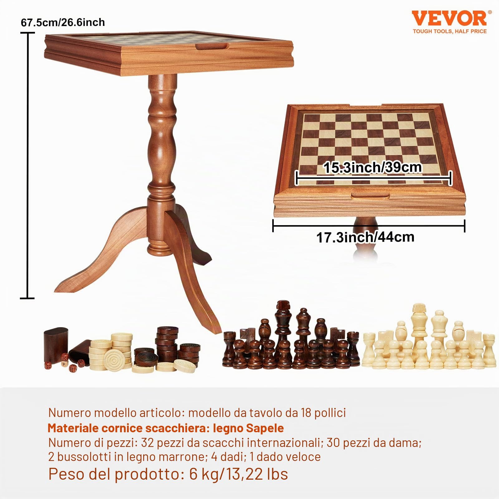 VEVOR Set da tavolo per backgammon dama 3 in 1, tavolo da scacchi in legno premium da 18 pollici, set di mobili da tavolo da gioco combinato deluxe, set di scacchi regalo per giochi da tavolo