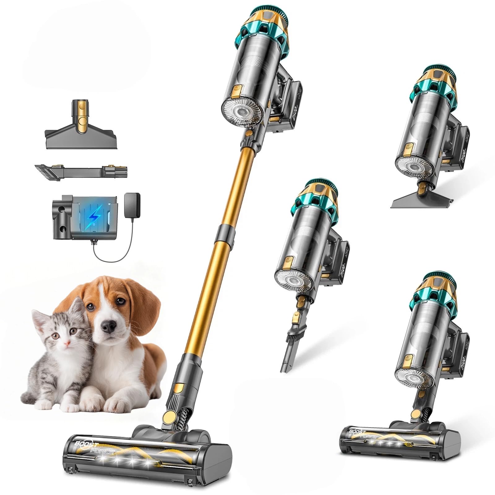 NYXAL Cordless Vacuum Cleaner, 600W/55KPA Vacuum Cleaners for Home, 55Mins Stick Vacuum, Anti-Tangle & 1.8L Large Dust Cup, Lightweight Vacuum for Hard Floors Carpet Pet Hair, Golden Blue
