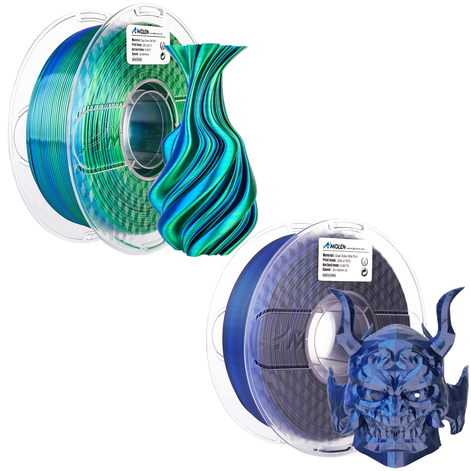 AMOLEN Silk PLA 3D Printer Filament, Multicolor 1.75mm PLA Shiny Gradient Filament, Blue Green & Black Blue