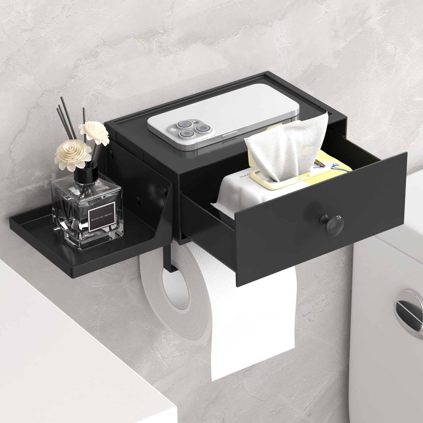 Lifewit Plastic Toilet Roll Holder with Shelf, Toilet Paper Holder Wall Mounted Self Adhesive with Drawer Storage for Bathroom Washroom Restroom, Toilet Wipes Organiser, Black, 1 Pack