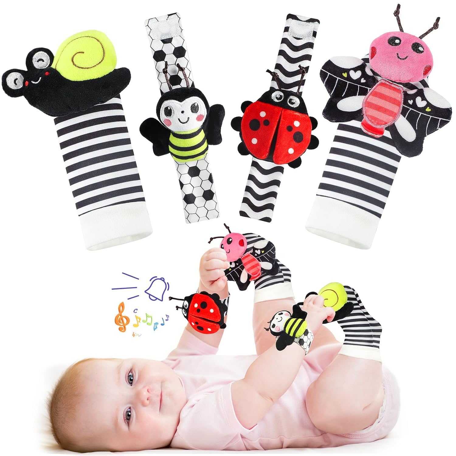 Foot Finders Wrist Rattles for Infants-Baby Sensory Toys Newborn Essentials Infant Socks Gifts for 0 3 6 9 Months Marine Life (Black and Red, Insect+Stripe)