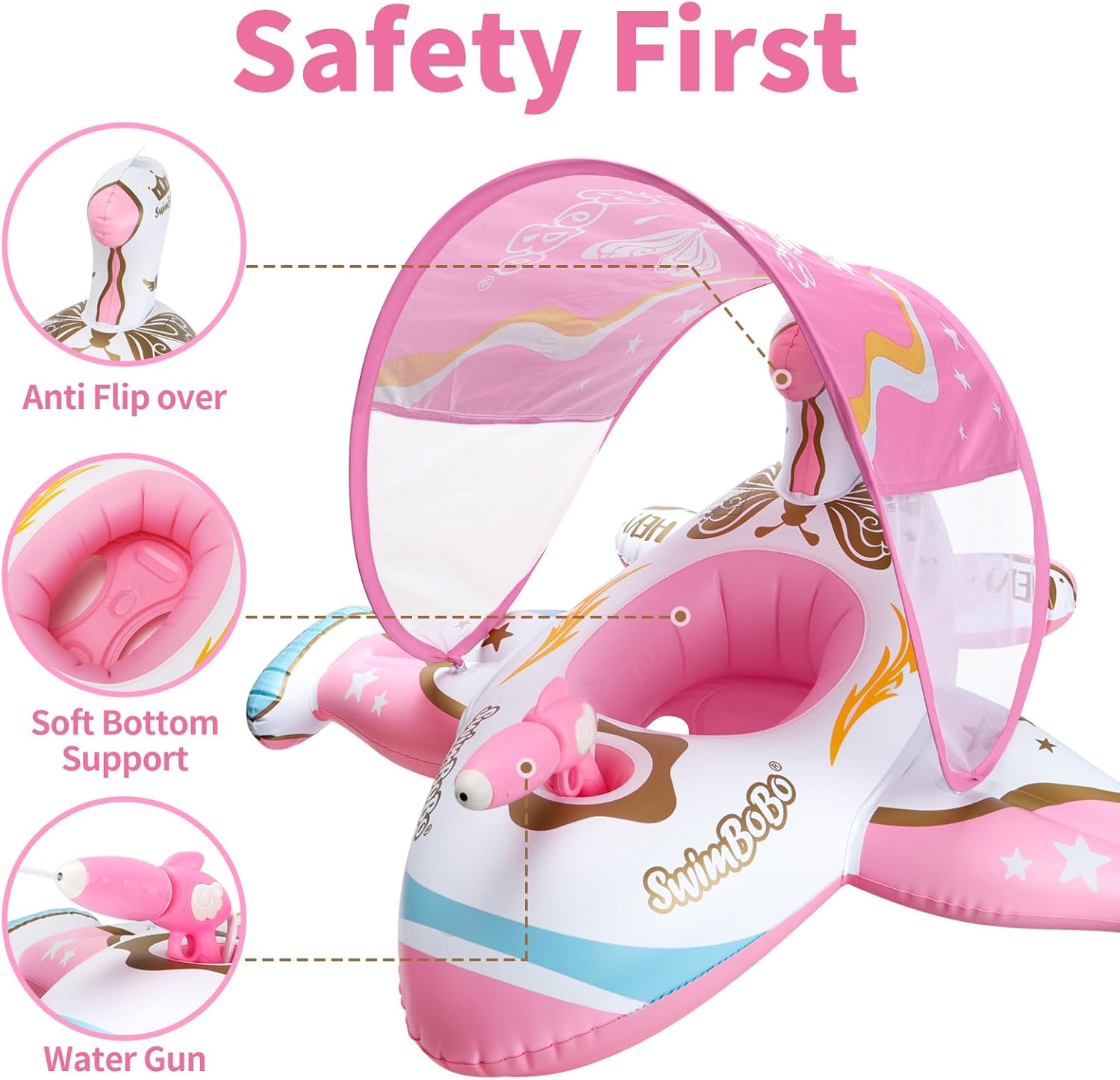 Swimbobo Toddler Pool Float Inflatable Car Baby Swim Float with Adjustable Sun Canopy and Safety Seat Pool Toys for Kids 3+ Years Old