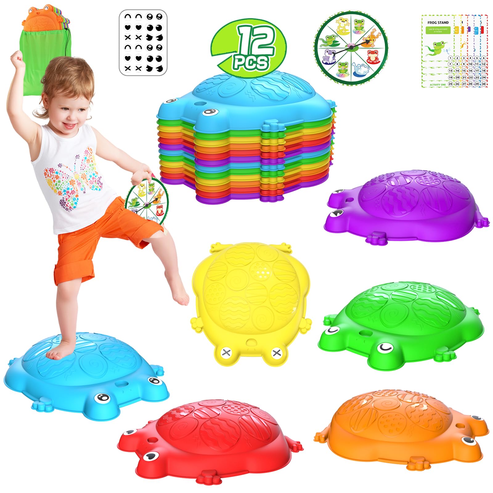 Stepping Stones for Kids, 12 Pcs Frog Non-Slip Balance Steps Stones Sensory Toys for Toddler Ages 3-5, Obstacle Course Coordination Game, Indoor