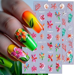 2 Sheets Summer Nail Stickers for Nail Art Cute Ocean Nail Decals Self-Adhesive Coral Shell Starfish Nail Decoration Spring Flower Nail Art Stickers Marine Life Design Decals for Women