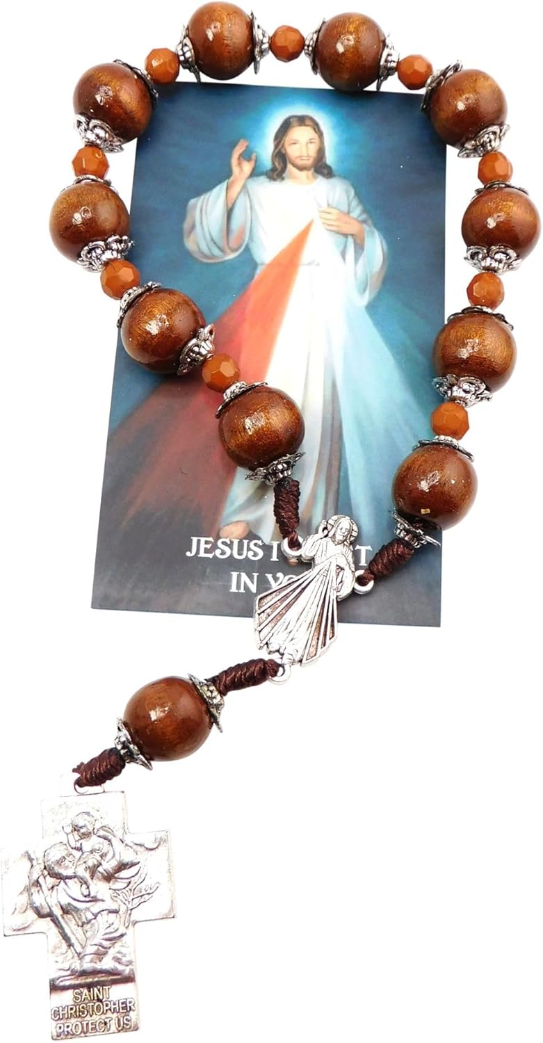 Westmon Works Divine Mercy Rosary Chaplet One Decade Wood and Metal Catholic Prayer Set with Holy Card