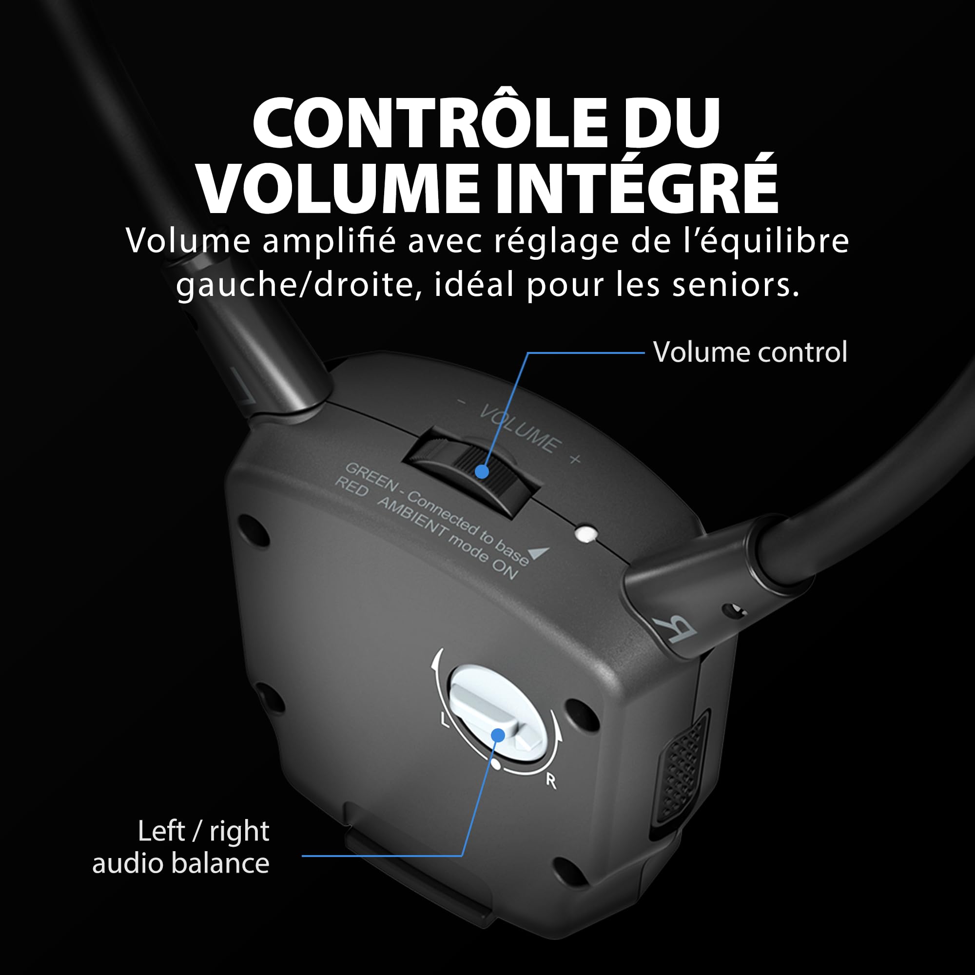 Avantree HT381- Casque TV sans Fil avec émetteur RF, Contrôle du Volume de Balance G/D, Écouteurs de Volume Amélioré pour Personnes âgées, Compatible avec Télévision avec Sortie Audio Optique ou AUX