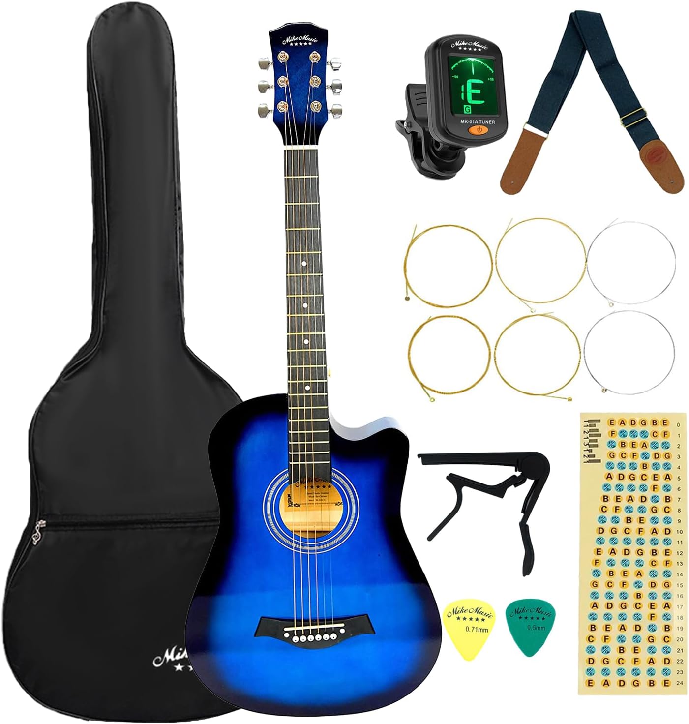 Mike Music38 Inch Acoustic Guitar for Beginner Adult Teen, Full Size Right Hand Guitar 6-Strings Acoustic Guitar Set With Accessories Bag, Strap, Tuner, Strings, Capo, Picks, Fretboard Guide (Blue)