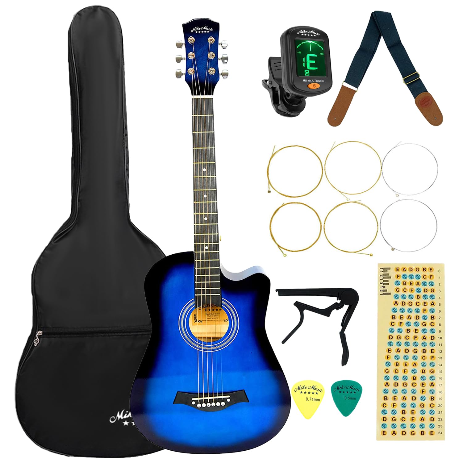 Mike Music38 Inch Acoustic Guitar for Beginner Adult Teen, Full Size Right Hand Guitar 6-Strings Acoustic Guitar Set With Accessories Bag, Strap, Tuner, Strings, Capo, Picks, Fretboard Guide (Blue)