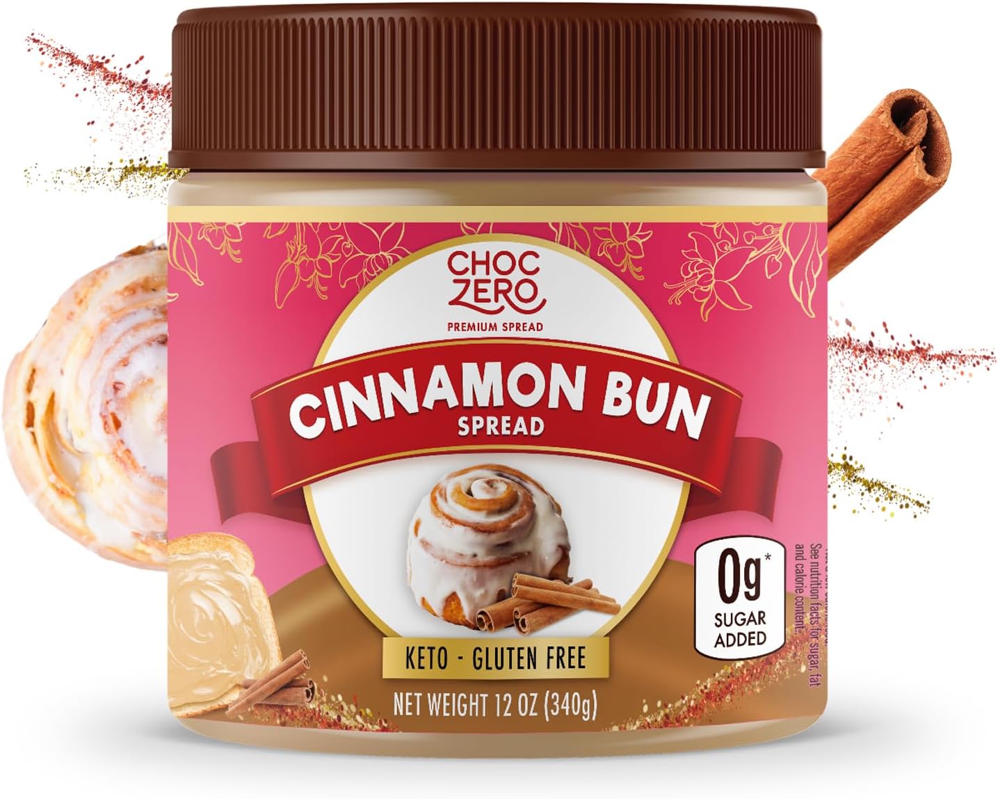 ChocZero Cinnamon Bun Spread, No Added Sugar, High Fiber, Low Carb Keto Breakfast & Dessert Spread, 12 oz Jar