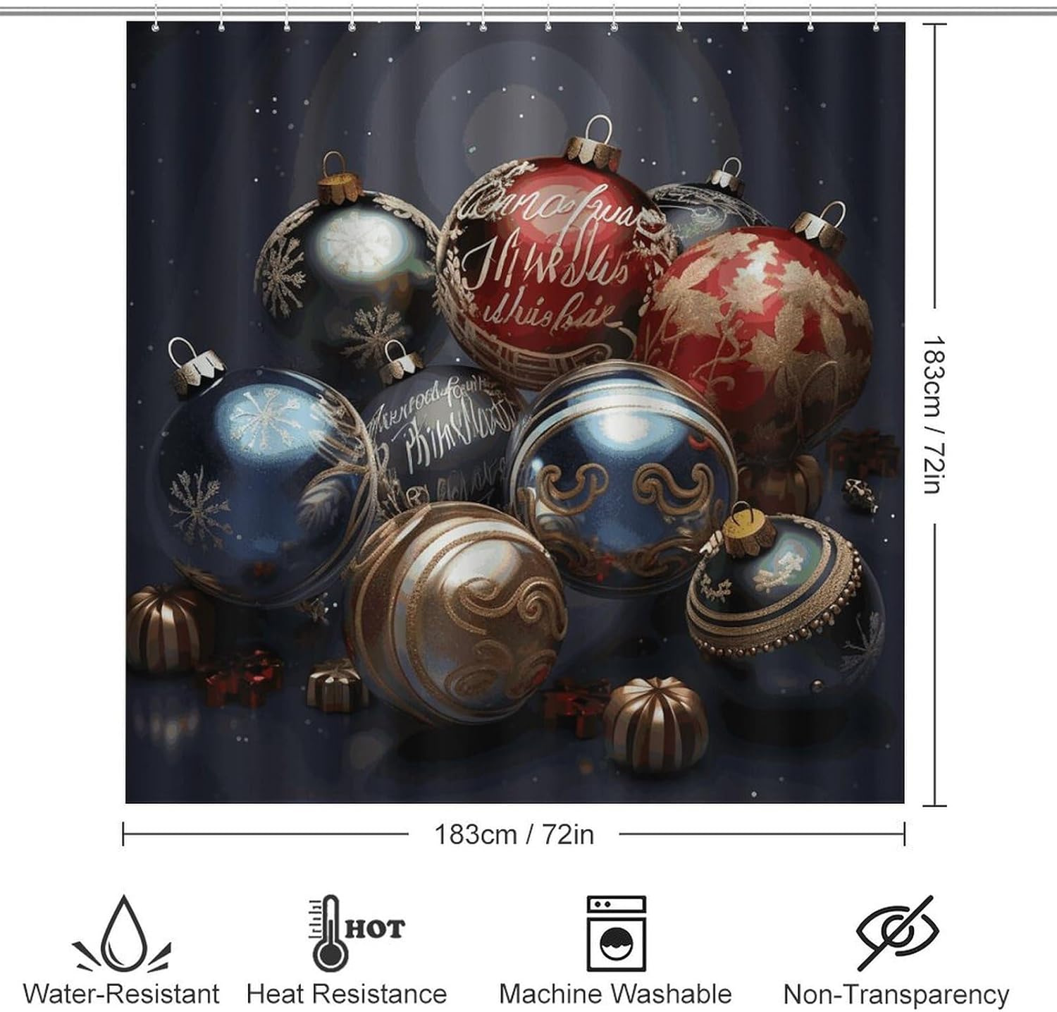 Christmas Balls Shower Curtain Set 4 Piece, Non-Slip Bath Mat with Toilet Lid Cover and Waterproof Shower Curtain with 12 Hooks, Complete Bathroom Set for Home Decor