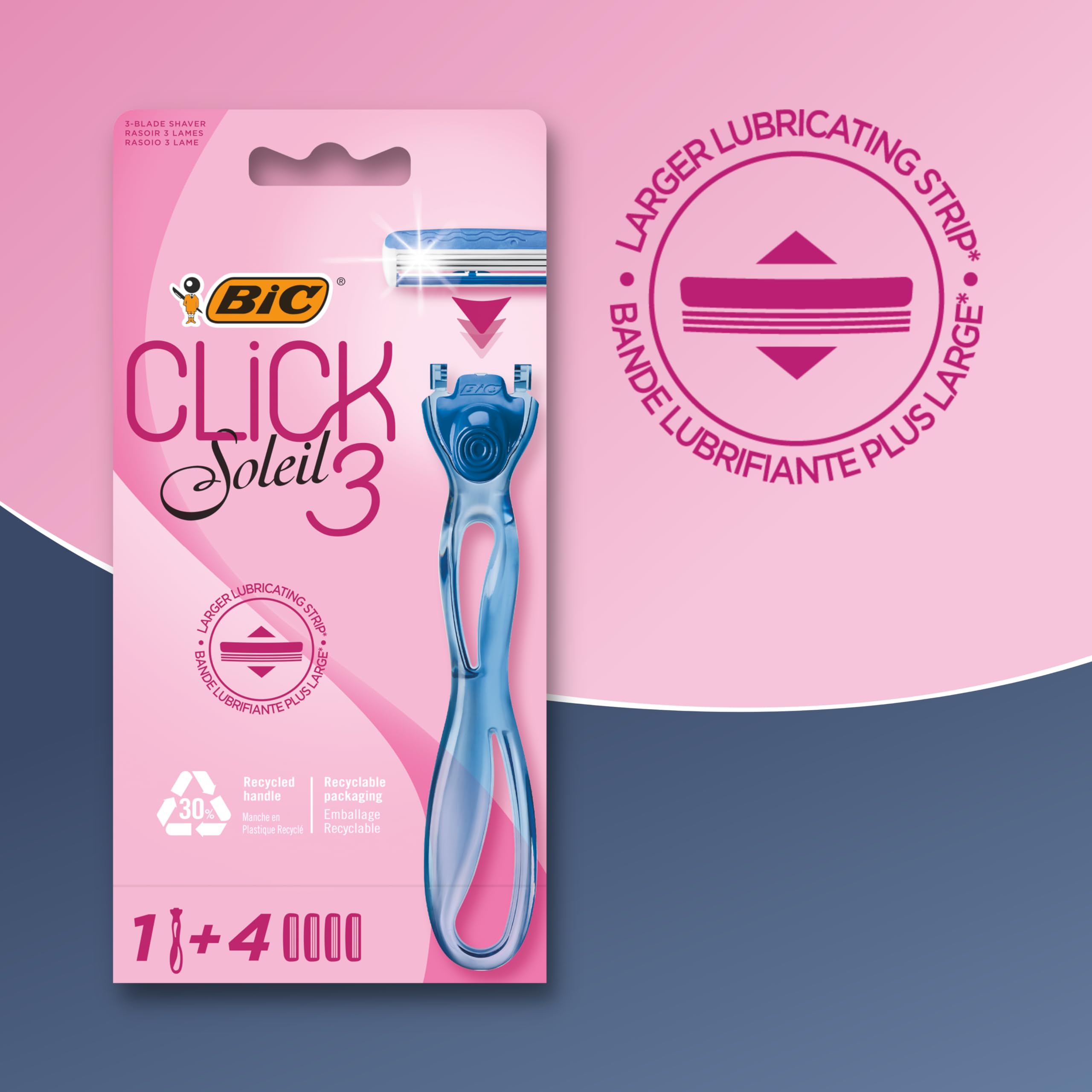BIC Soleil Click 3 Women's Razor with 4 Refill Cartridges Triple-Blade Shaver with Lubricating Strip & Pivoting Head for Smooth, Close Leg & Body Shaving Handle + Refills