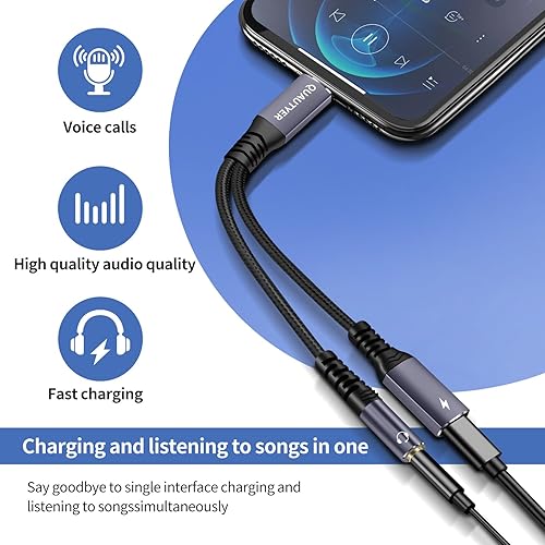 Miniatura 7 de Adaptador de auriculares USB C, USB C a adaptador de auriculares y cargador de 0.138 in, conector de micrófono USB C a AUX con PD de 60 W de carga