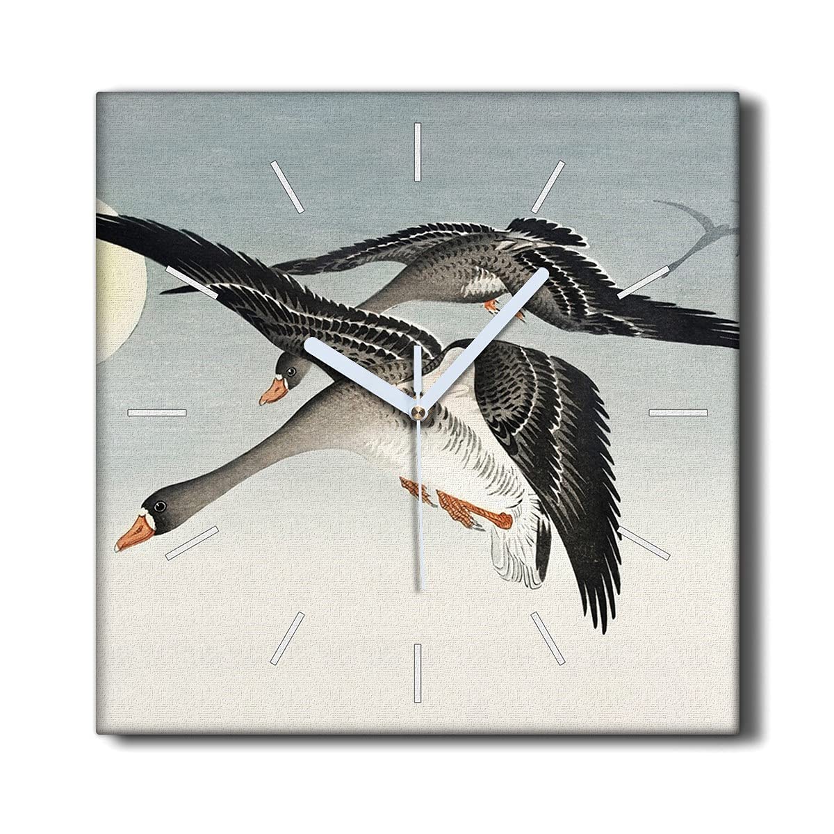 Horloge murale salon au motif oiseaux et soleil couchant sur toile carrée 30cm