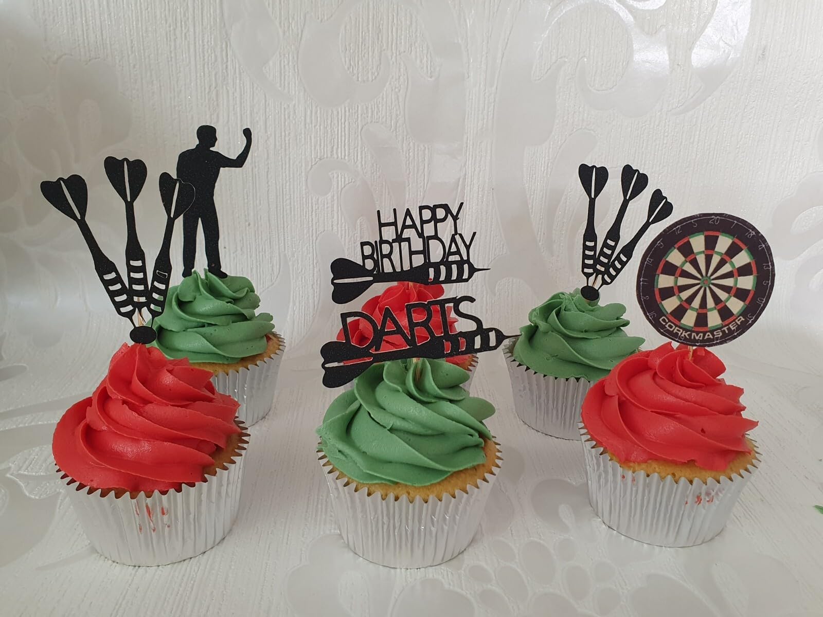 Darts Happy Birthday Cupcake Toppers, Black Glitter, 12 Count
