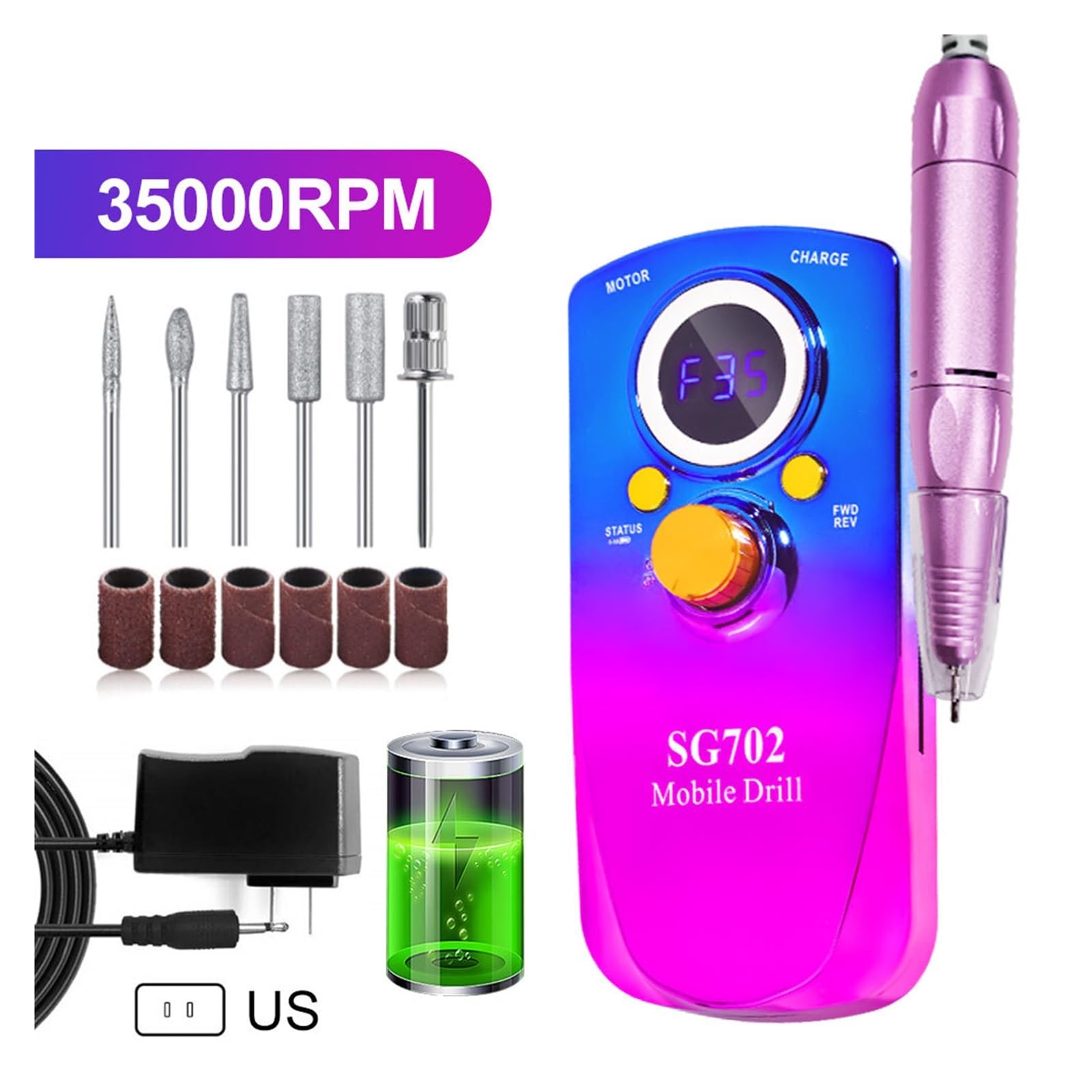 35000 U/min Professioneller Nagelbohrmotor Nagelpolierer Geräuscharmer Nagelbohrer mit LED-Anzeige Elektrische Maschine Sander Nagelstudio(DMJ-SG702-Bule)