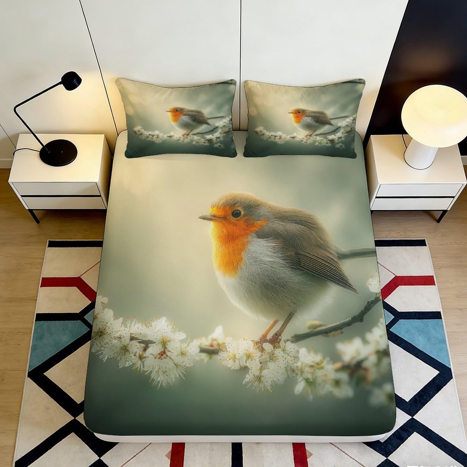 3D Printed Robin Bird Fitted Sheet Microfiber Soft Breathable Blossom Mattress Cover Bedroom Decor 90x200x25cm