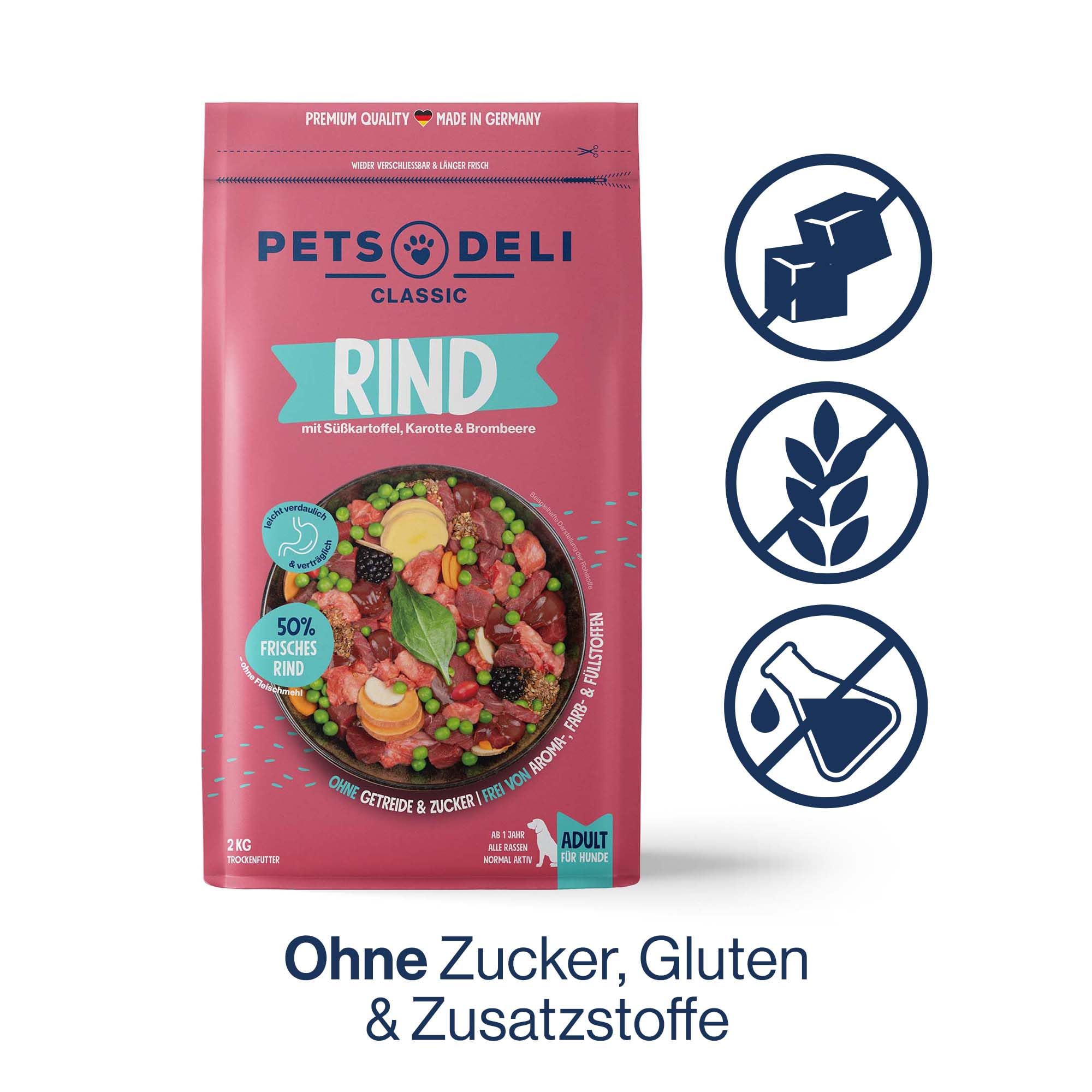 Pets Deli Trockenfutter für Hunde Rind mit Süßkartoffel, Karotte & Brombeere - ohne Zucker und Gluten, 6kg