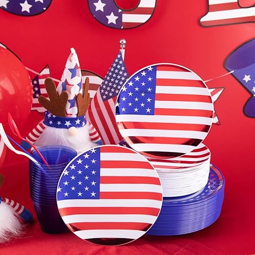 Miniatura 5 de PULOTE 150 platos del 4 de julio y cubiertos de plástico azul, blanco, rojo y vasos azules transparentes, platos de plástico de bandera