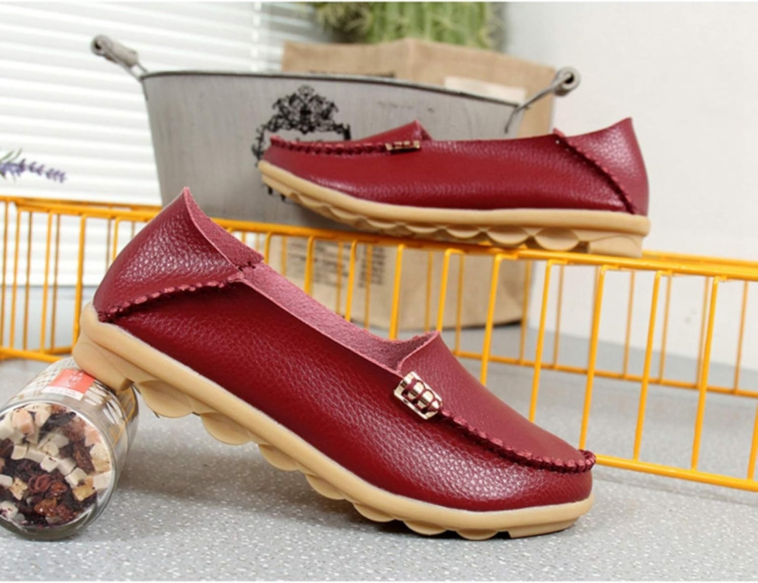 [PANLON] レディース ワインレッド モカシン ローファー パンプス フラットシューズ スリッポン 婦人靴 痛くない 柔らか