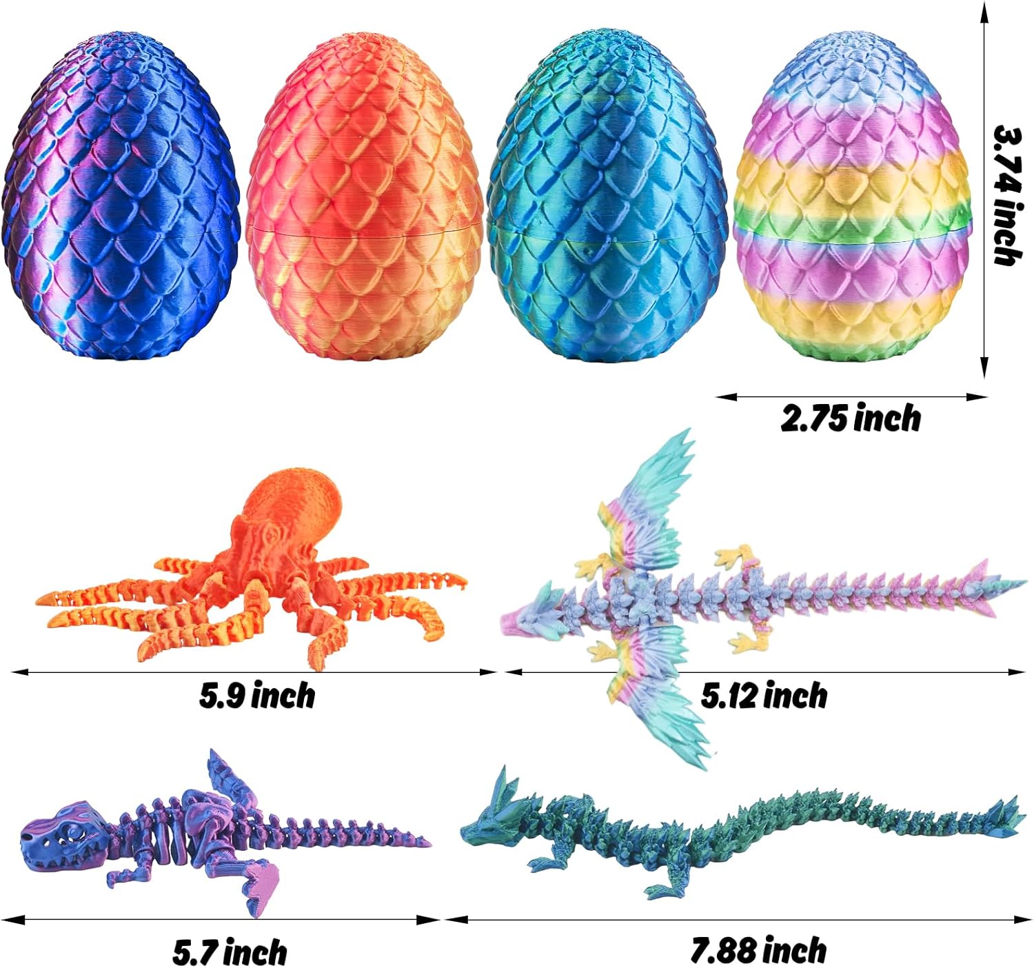 BUUFAN 4PCS 3D Printed Dragon Octopuses with Egg Easter Basket Stuffers Easter Egg 3D Printed Animals Toy Set