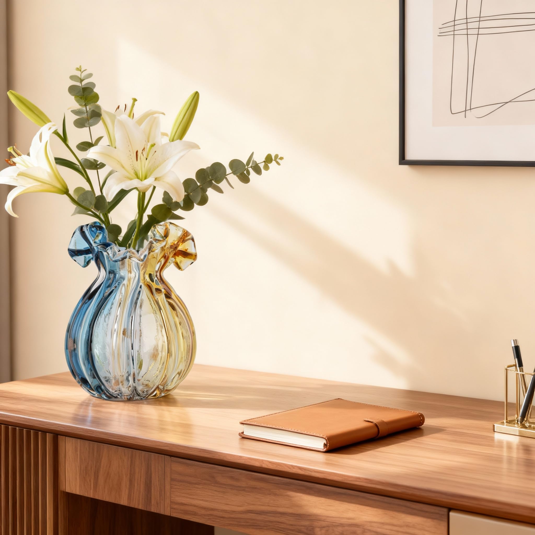 Jarrón de vidrio soplado, boca ancha, arte de cristal moderno, decoración para sala de estar, cocina, bodas, mesa de comedor, mesa central de oficina, flores