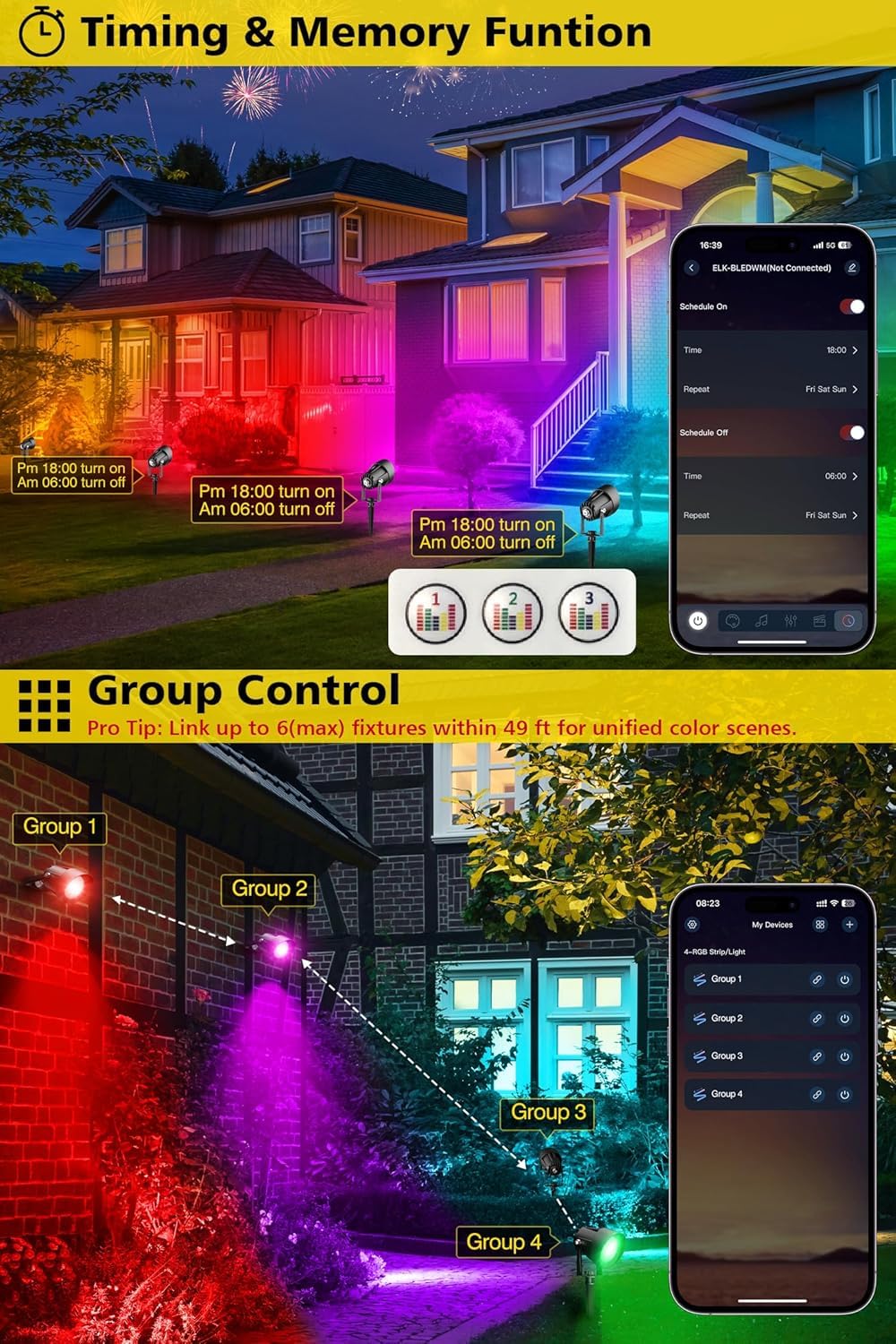 T-SUN RGB Gartenbeleuchtung LED mit Fernbedienung und App Steuerung, IP65 | Wasserdicht Gartenleuchten mit Strom, 16 Farben 44 Dynamische Modi RGB gartenstrahler für Außen, Rasen, Baum, Wegen(6 Stück)