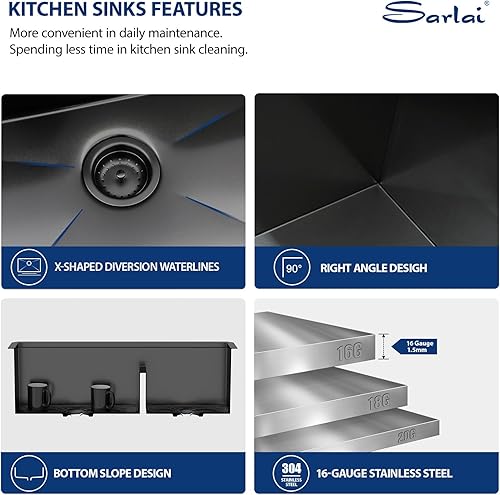 Vista 159 de Sarlai Fregadero doble de 33 piezas para empotrar - Fregadero de cocina de 33 x 19 pulgadas, acero inoxidable de calibre 16, esquina redonda, doble