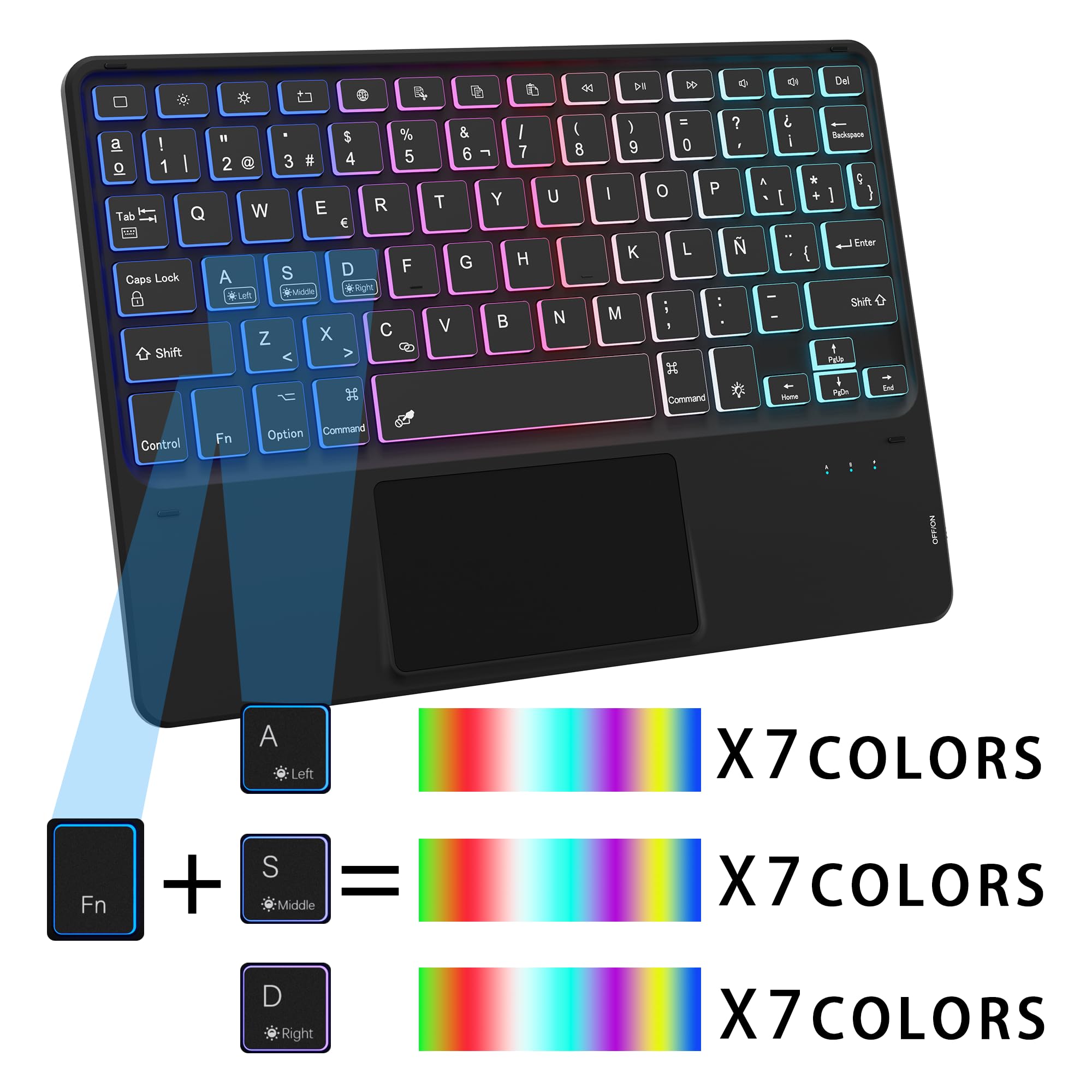 Funda con teclado para iPad 10 Generación 2022/iPad 11 A16 2025 11 pulgadas: Teclado retroiluminado de 3 zonas y 7 colores con trackpad preciso - Teclados QWERTY Desmontable Español Ñ Funda iPad 11a