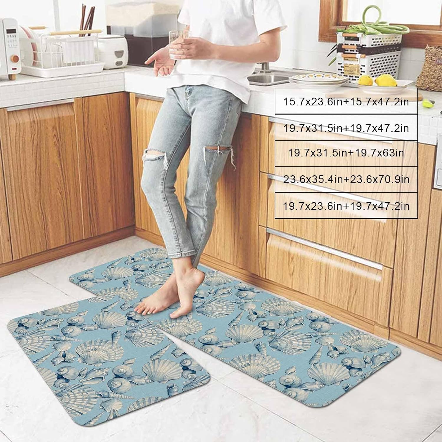 Teal Blue Seashells Kitchen Mat Set 2 Pieces Summer Coastal Coral Dreamy Marine Life Non Slip Kitchen Rugs Washable Runner Rug Mats for Floor Sink Laundry Office 19.7" x 31.5"+19.7" x 63"