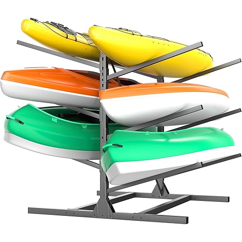 Ultrawall Freestanding Kayak Storage Rack for Garage, Heavy-Duty Adjustable 3-Tier Kayak Stand Holds 6 Kayaks, Canoes & Paddle Boards, 660 lbs Capacity