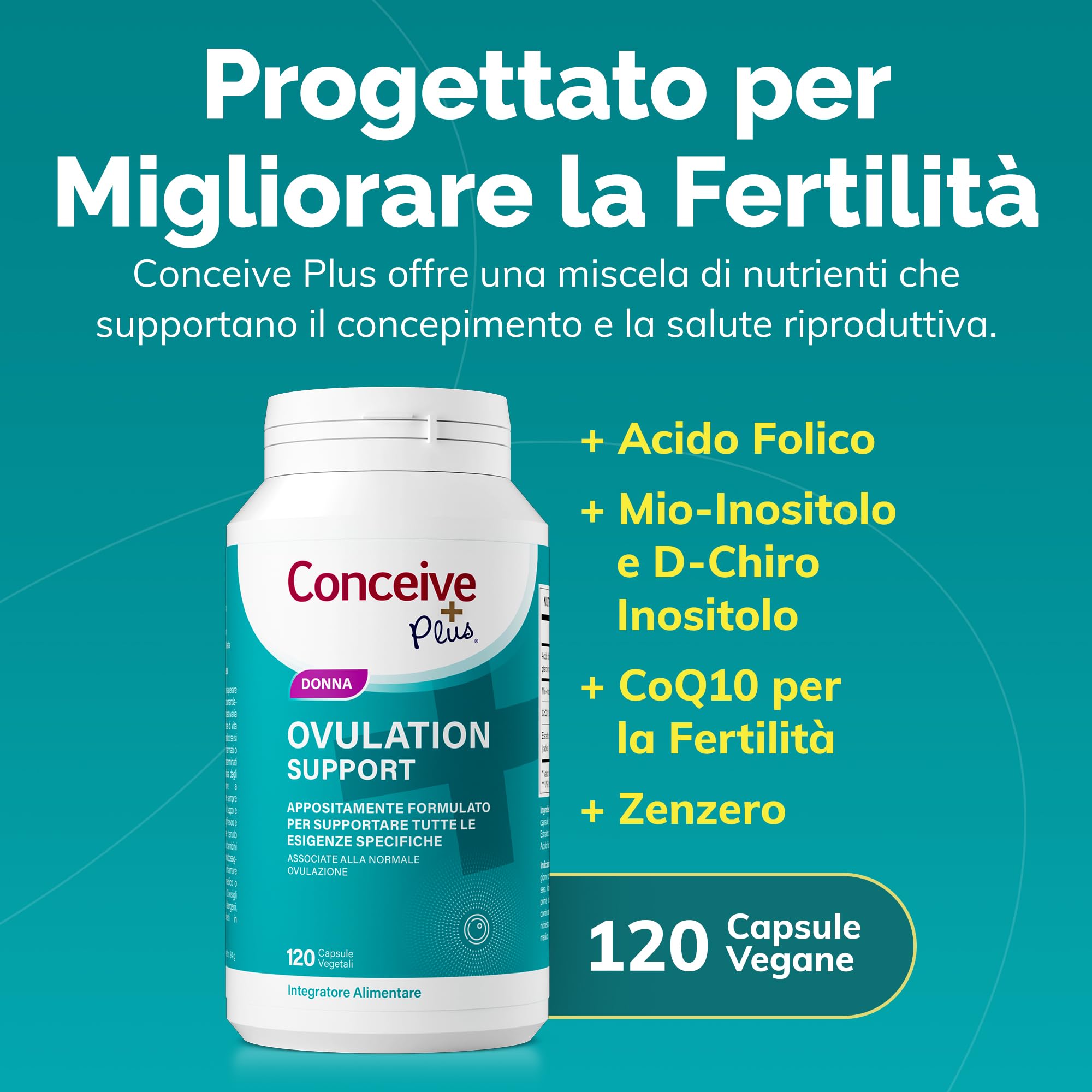 Conceive Plus Ovulation Support, Supporto per policistico e Ovulazione, Myo-Inositolo e D-Chiro-Inositolo, 120 capsule