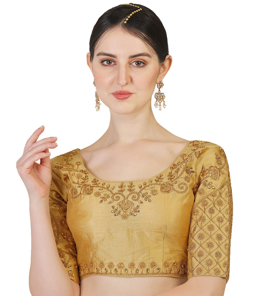Pujia Mills Women's Silk Half Sleeve Regular Blouse (Floral Blouse Gold 36)