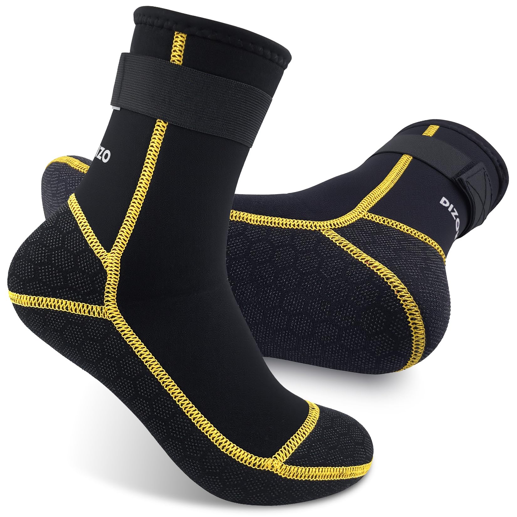 PAWHITS Neoprene Wetsuit Socks, 3mm Diving Socks with Adjustable Strap, Thermal Anti-slip Water Sock for Scuba Surfing Kayaking (Golden lines) M