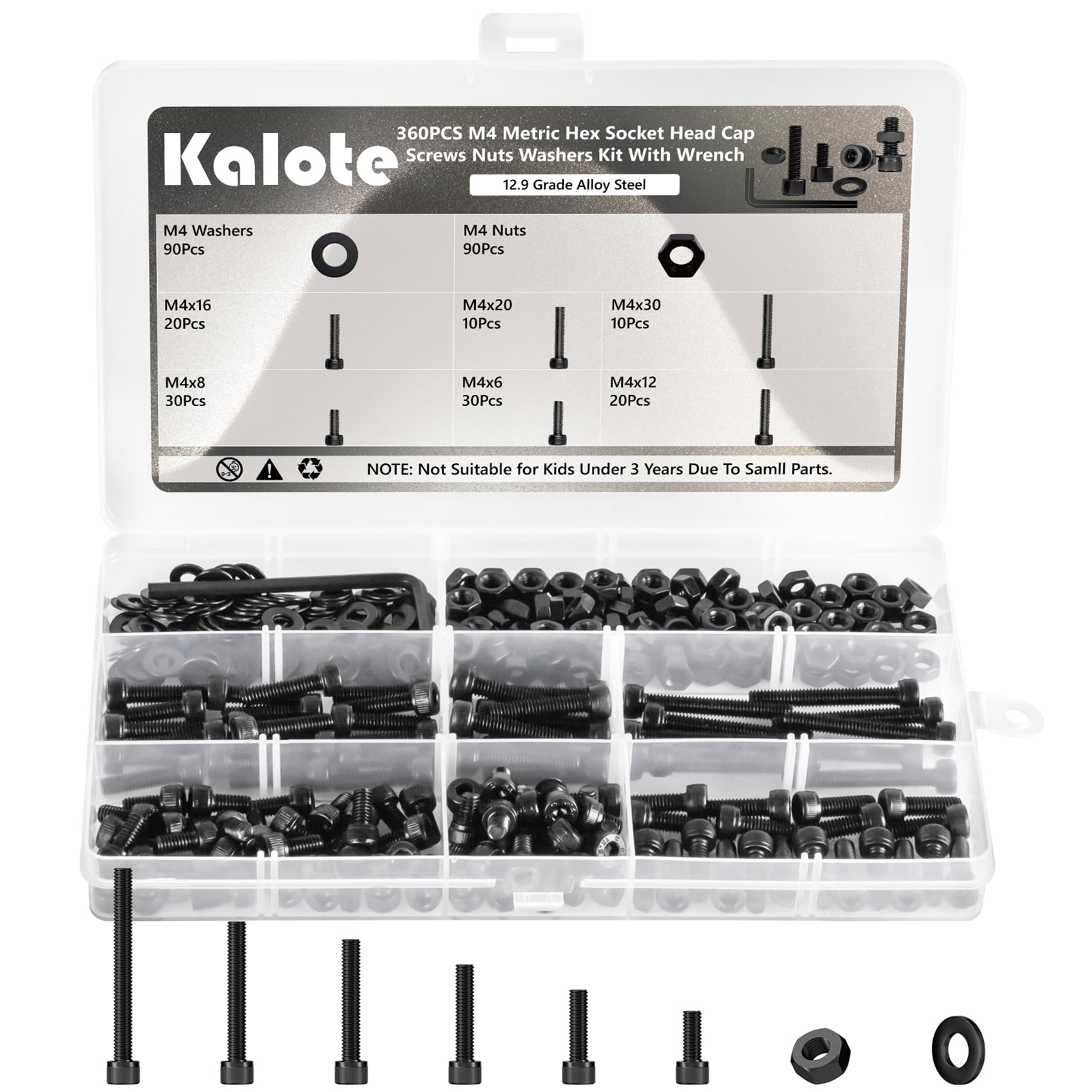 Metric Screws Assortment, 360 Pcs M4 Screw Kit, Suitable for 3D Printer DIY, M4*6mm/8mm/12mm/16mm/20mm/30mm 12.9 Grade Alloy Steel Hex Socket Head Cap Bolts Nuts Kit with 1Pcs Allen Wrench