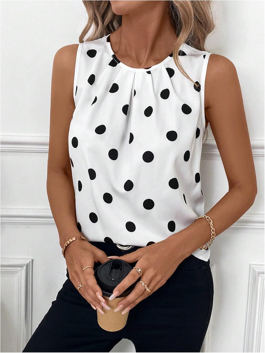 WDIRARA Women's Polka Dots Tank Top Crew Neck Sleeveless Tee Shirts Pleated Blouses - Image 5