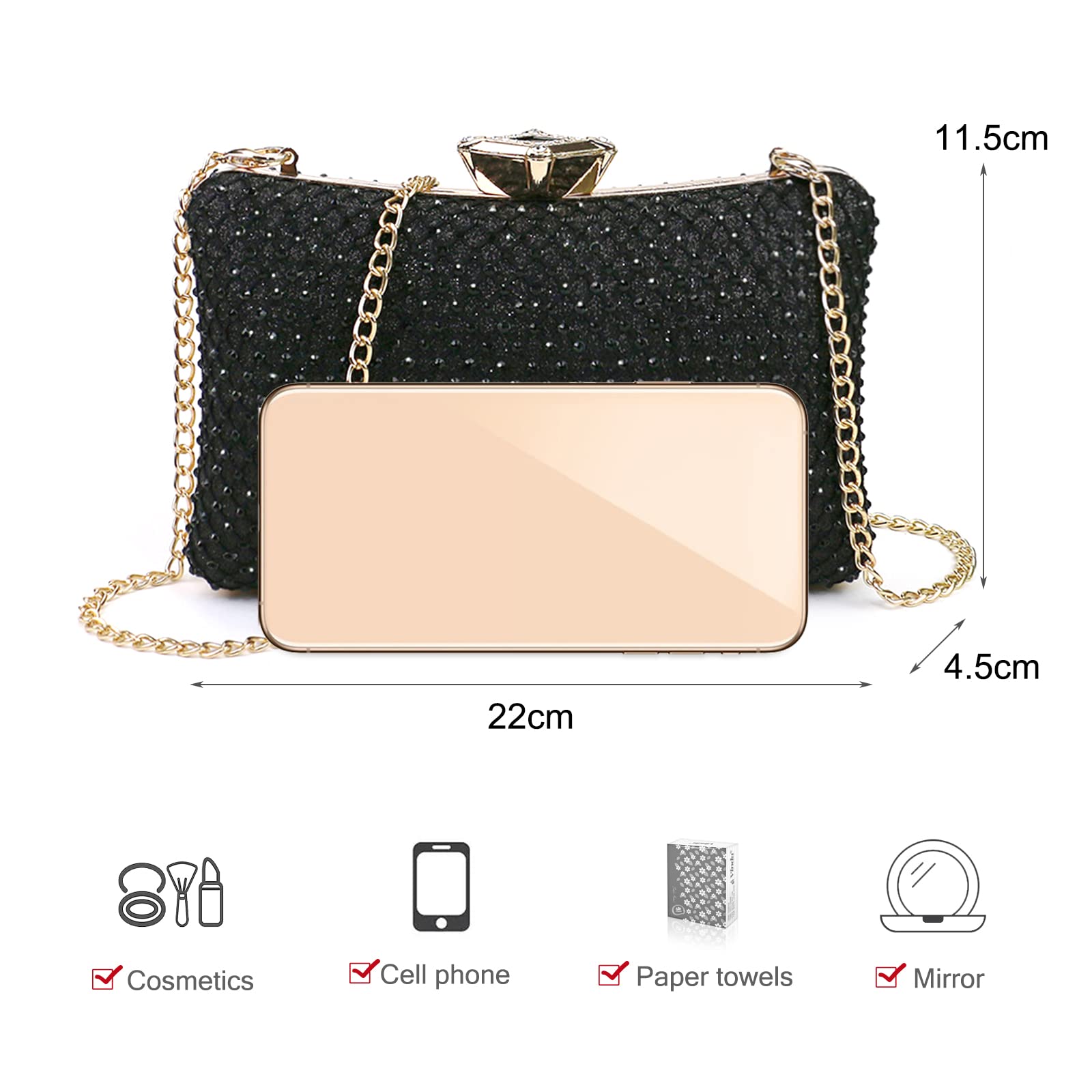 NICOLE & DORIS Damen Abendtasche Clutch Handtaschen Elegant Umhängetasche Kleine Kettentasche Glitzer Tasche für Hochzeit Party Freizeit Schwarz