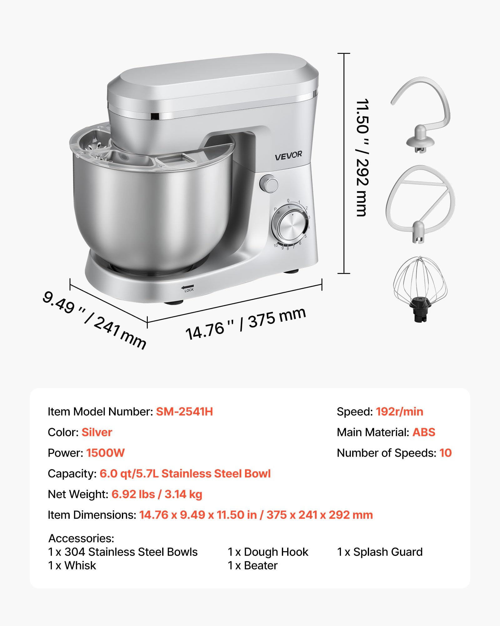 VEVOR Robot Pâtissier 5,7 L, Batteur sur Socle 1500 W, Mixeur à Pâte 10 Vitesses, Tête Inclinable, Bol en Inox, avec Crochet Pétrisseur, Fouet et Batteur, pour Mélange, Fouettage et Pétrissage