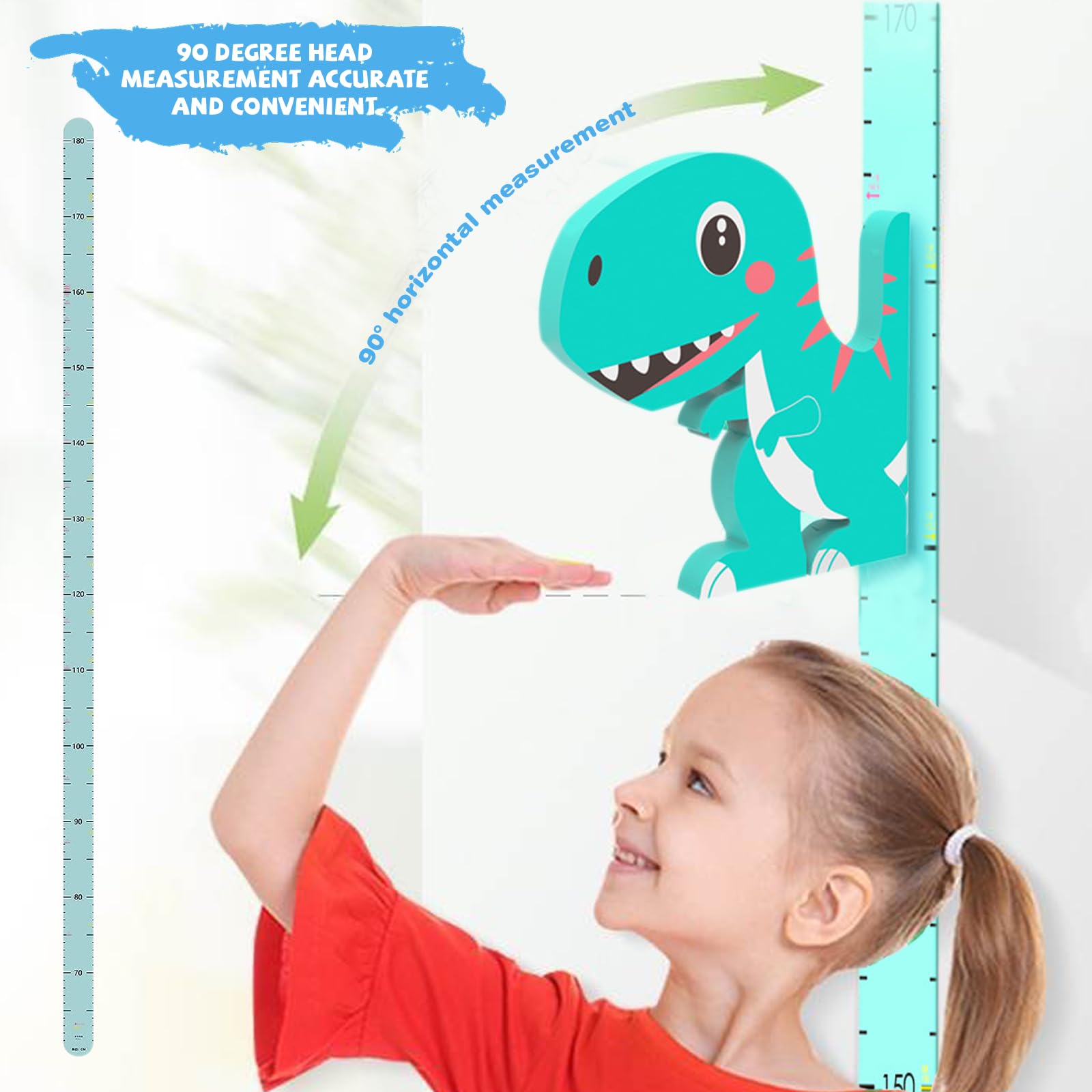 Tabella di misurazione altezza bambino: altimetro dinosauro 3D con penna lavagna bianca e metro a nastro